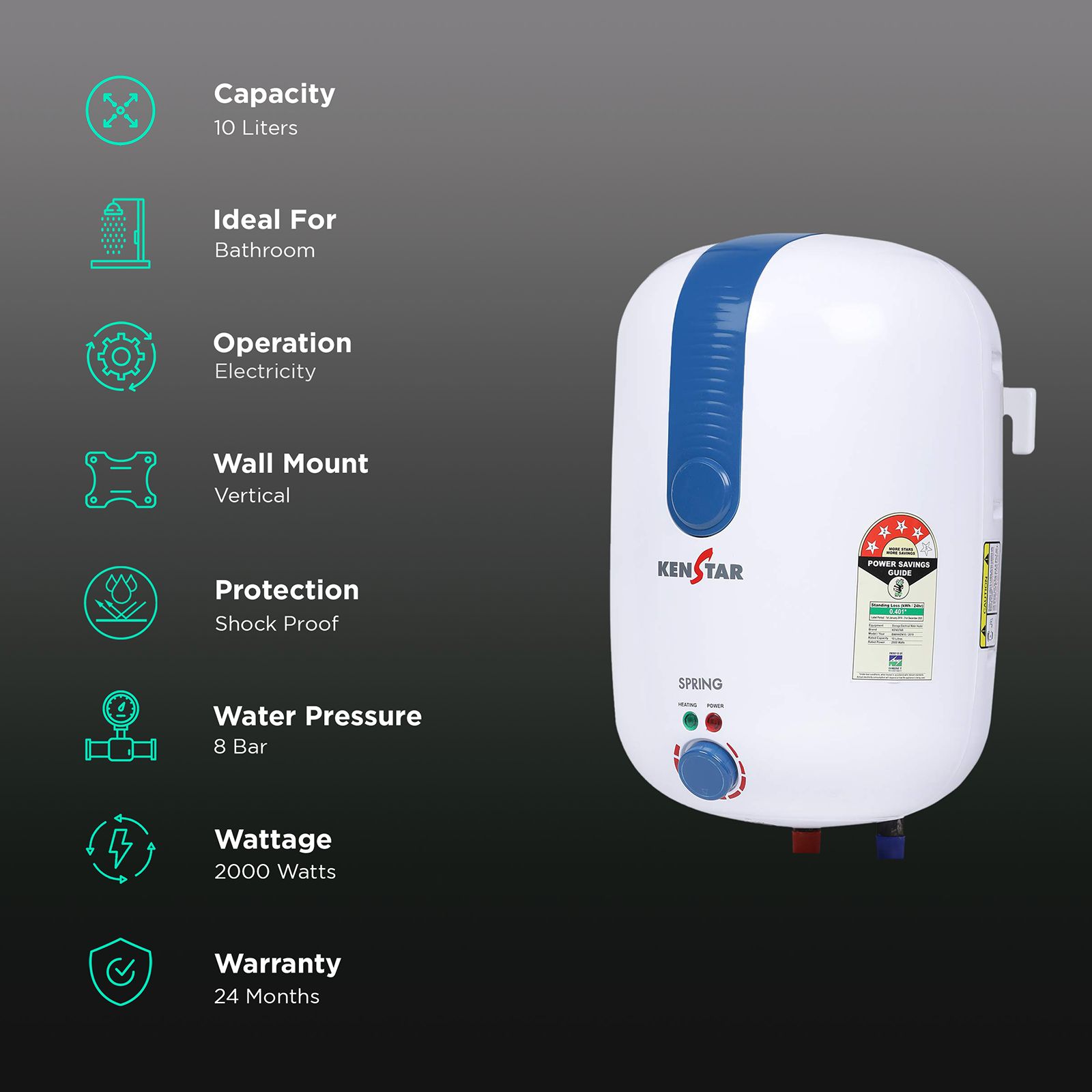 KENSTAR Spring 10 Litres 4 Star Vertical Storage Water Geyser with 8 Bar (White/Blue) KENSTAR Spring 10 Litres 4 Star Vertical Storage Water Geyser with 8 Bar (White/Blue)_3