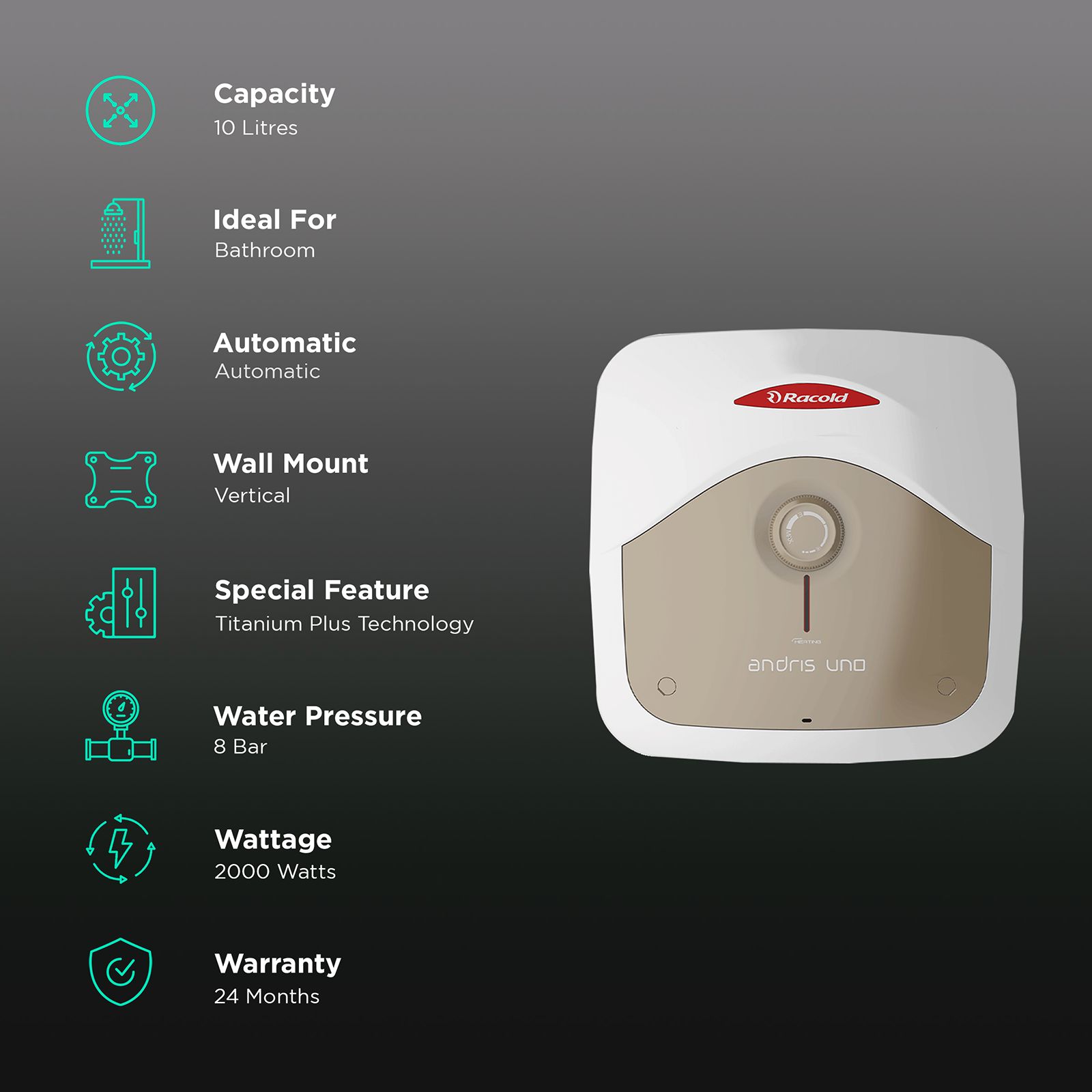 Racold Andris Uno 10 Litre 4 Star Vertical Storage Geyser with Titanium Plus Technology (Sandy) Racold Andris Uno 10 Litre 4 Star Vertical Storage Geyser with Titanium Plus Technology (Sandy)_3