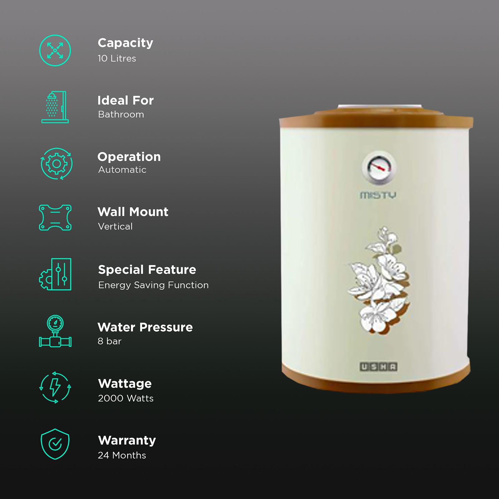 USHA Misty 10 Litre 5 Star Vertical Storage Geyser with Whirl Flow Technology (Ivory Cherry Blossom) USHA Misty 10 Litre 5 Star Vertical Storage Geyser with Whirl Flow Technology (Ivory Cherry Blossom)_3