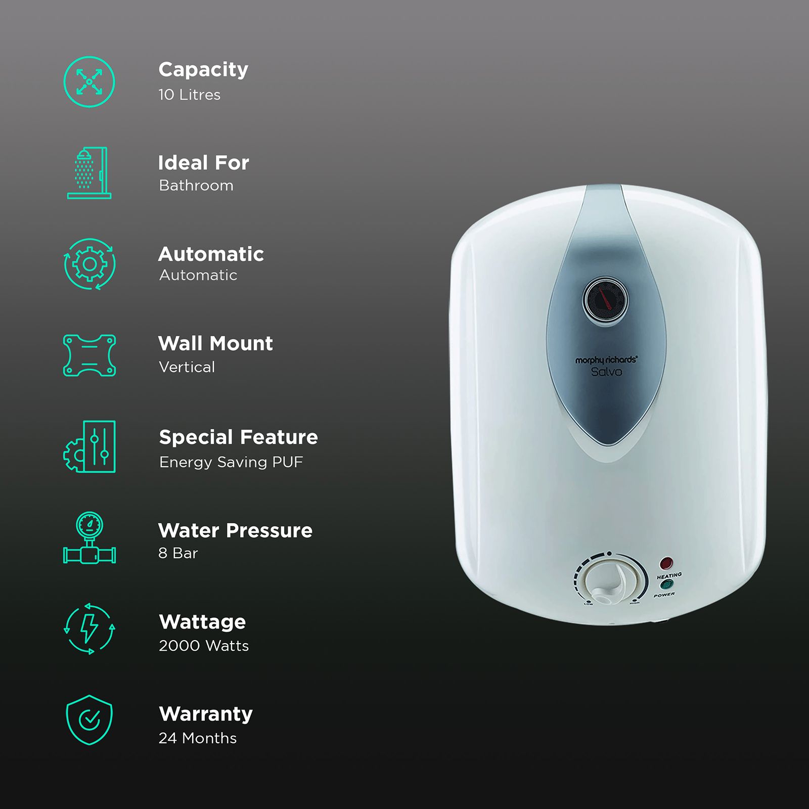 morphy richards Salvo 10 Litre 5 Star Vertical Storage Geyser with Earth Leakage Circuit Breaker (White) morphy richards Salvo 10 Litre 5 Star Vertical Storage Geyser with Earth Leakage Circuit Breaker (White)_3