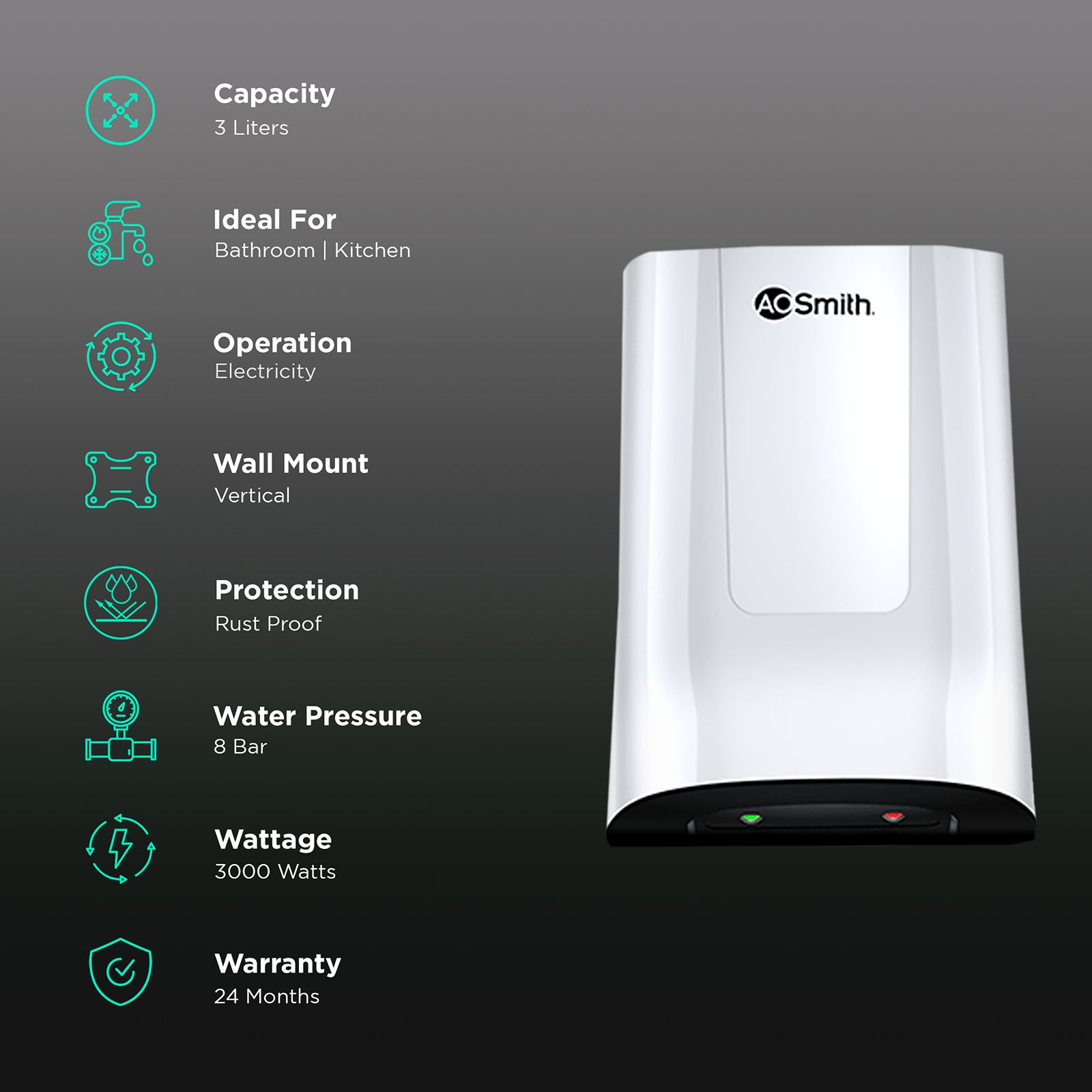 AO Smith MiniBot 3 Litre 5 Star Vertical Instant Geyser with Cutting Edge Technology (White) AO Smith MiniBot 3 Litre 5 Star Vertical Instant Geyser with Cutting Edge Technology (White)_3
