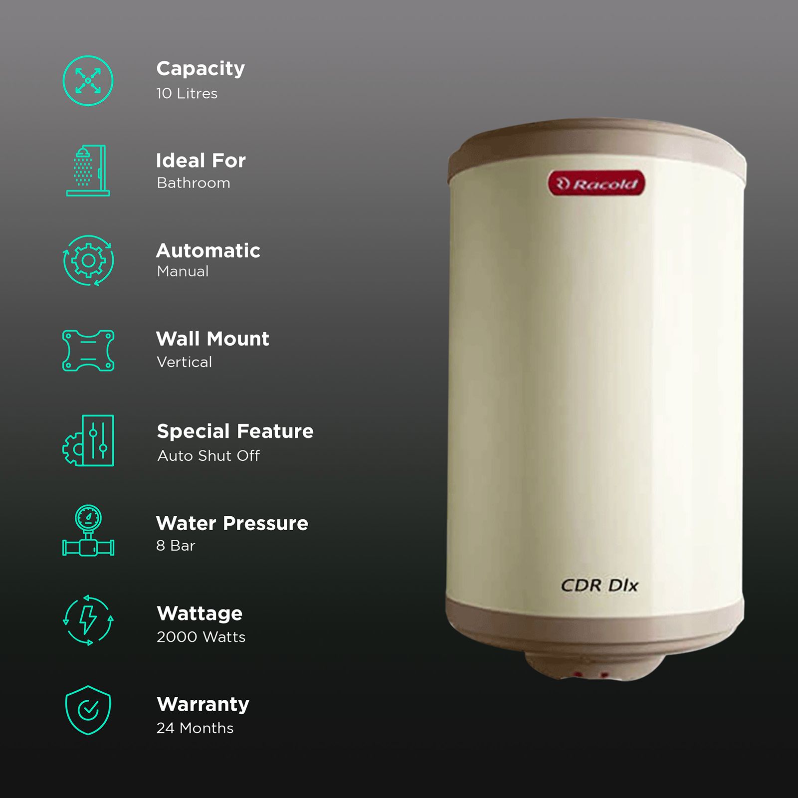 Racold CDR DLX 10 Litre 5 Star Vertical Storage Geyser with Titanium Plus Technology (Ivory)_3