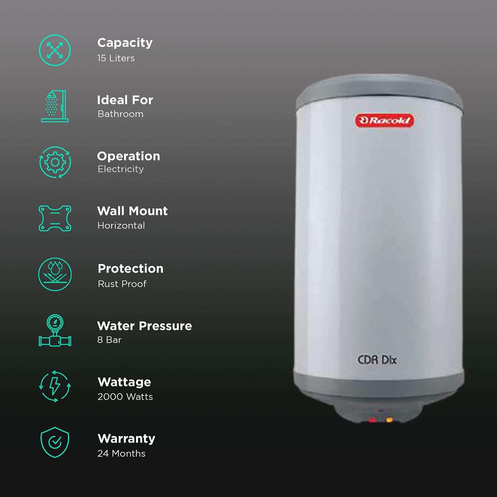 Racold CDR DLX 15 Litres 4 Star Horizontal Storage Geyser With LHS Water Inlet (White & Grey Dome)_3