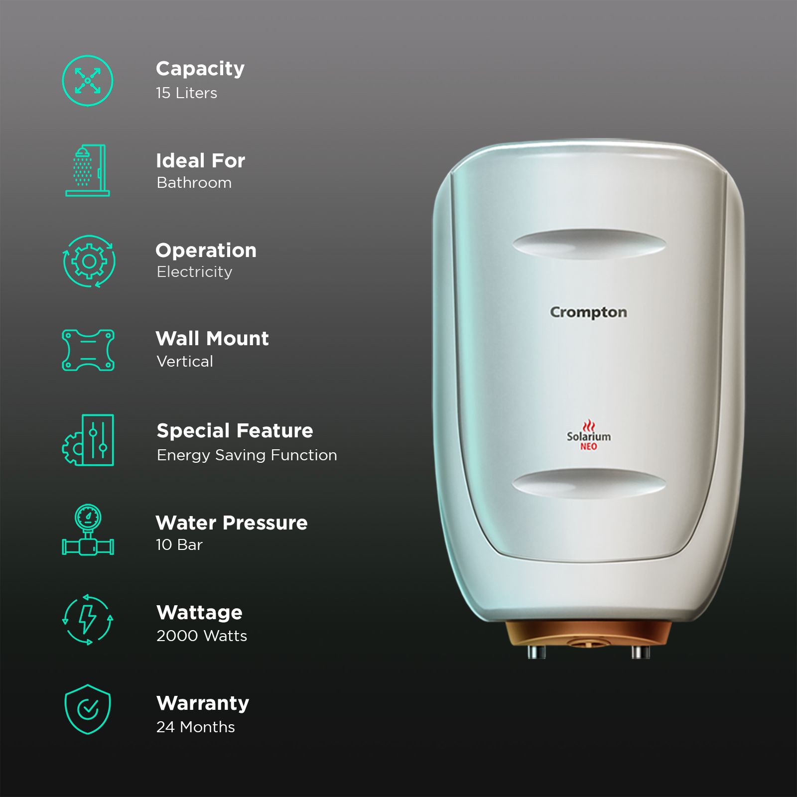 Crompton Solarium Neo 15 Litre 5 Star Vertical Storage Geyser with Anti Siphon Protection (Ivory) Crompton Solarium Neo 15 Litre 5 Star Vertical Storage Geyser with Anti Siphon Protection (Ivory)_3