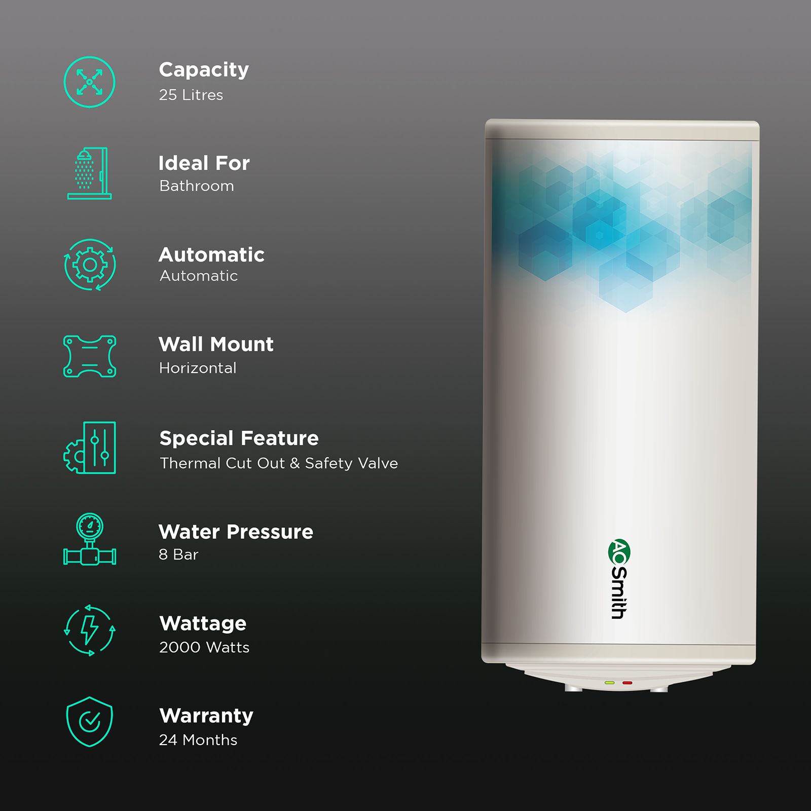 AO Smith Elegance 25 Litre 3 Star Horizontal Storage Geyser with Blue Diamond Technology (White) AO Smith Elegance 25 Litre 3 Star Horizontal Storage Geyser with Blue Diamond Technology (White)_3