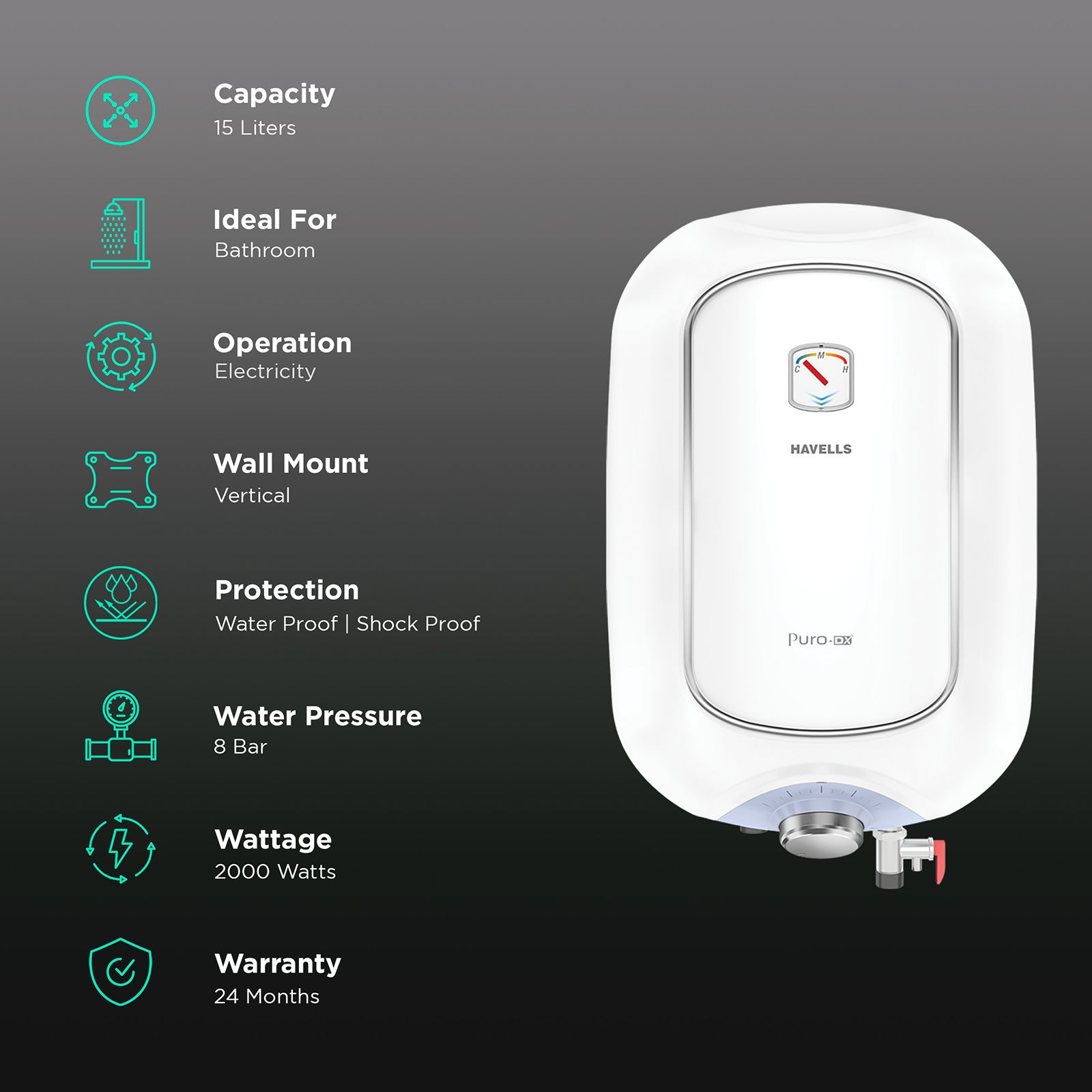 HAVELLS Puro DX 15 Litres 5 Star Vertical Storage Water Geyser with 8 Bar (White) HAVELLS Puro DX 15 Litres 5 Star Vertical Storage Water Geyser with 8 Bar (White)_3