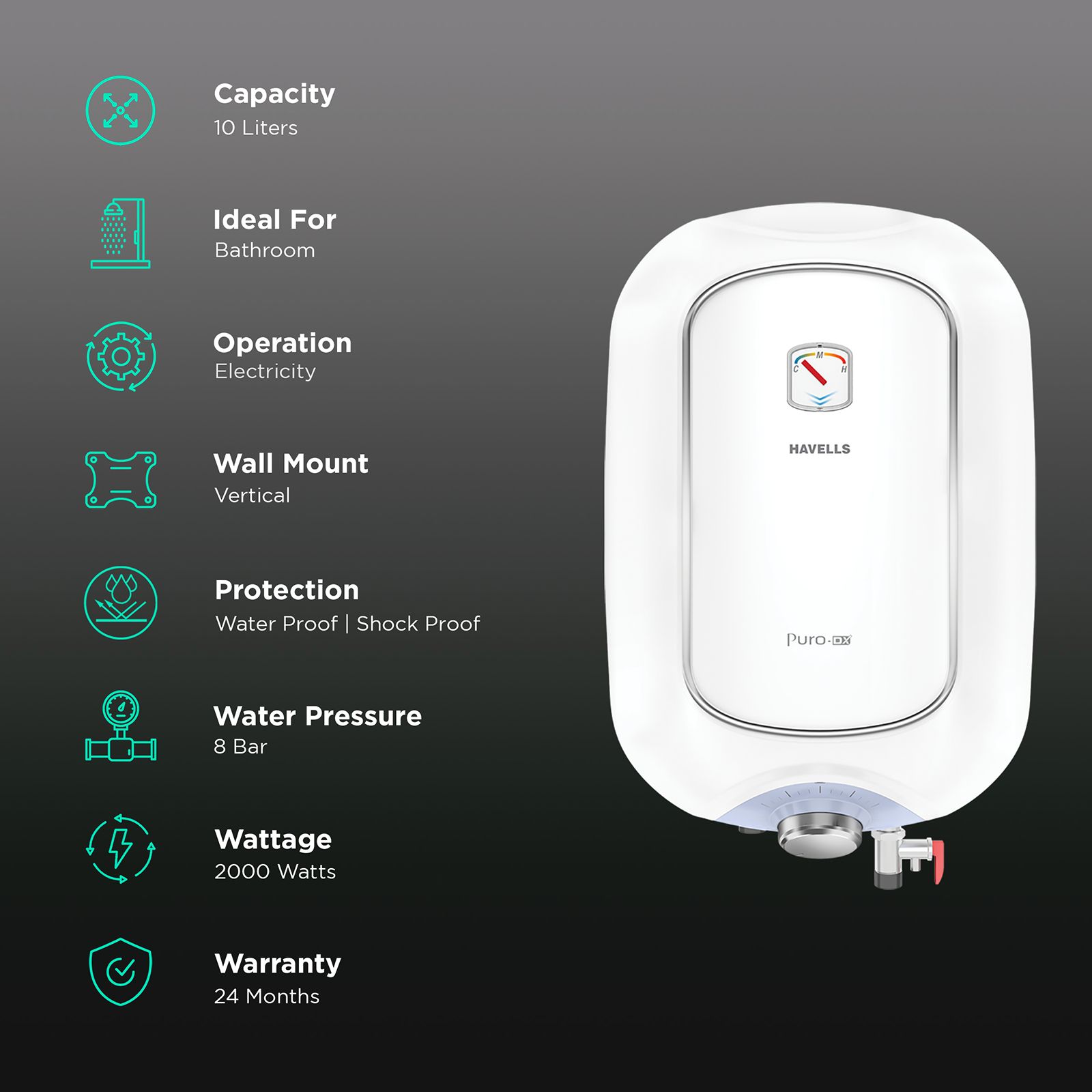 HAVELLS Puro DX 10 Litres 4 Star Vertical Storage Water Geyser with Feroglas Technology (White)_3