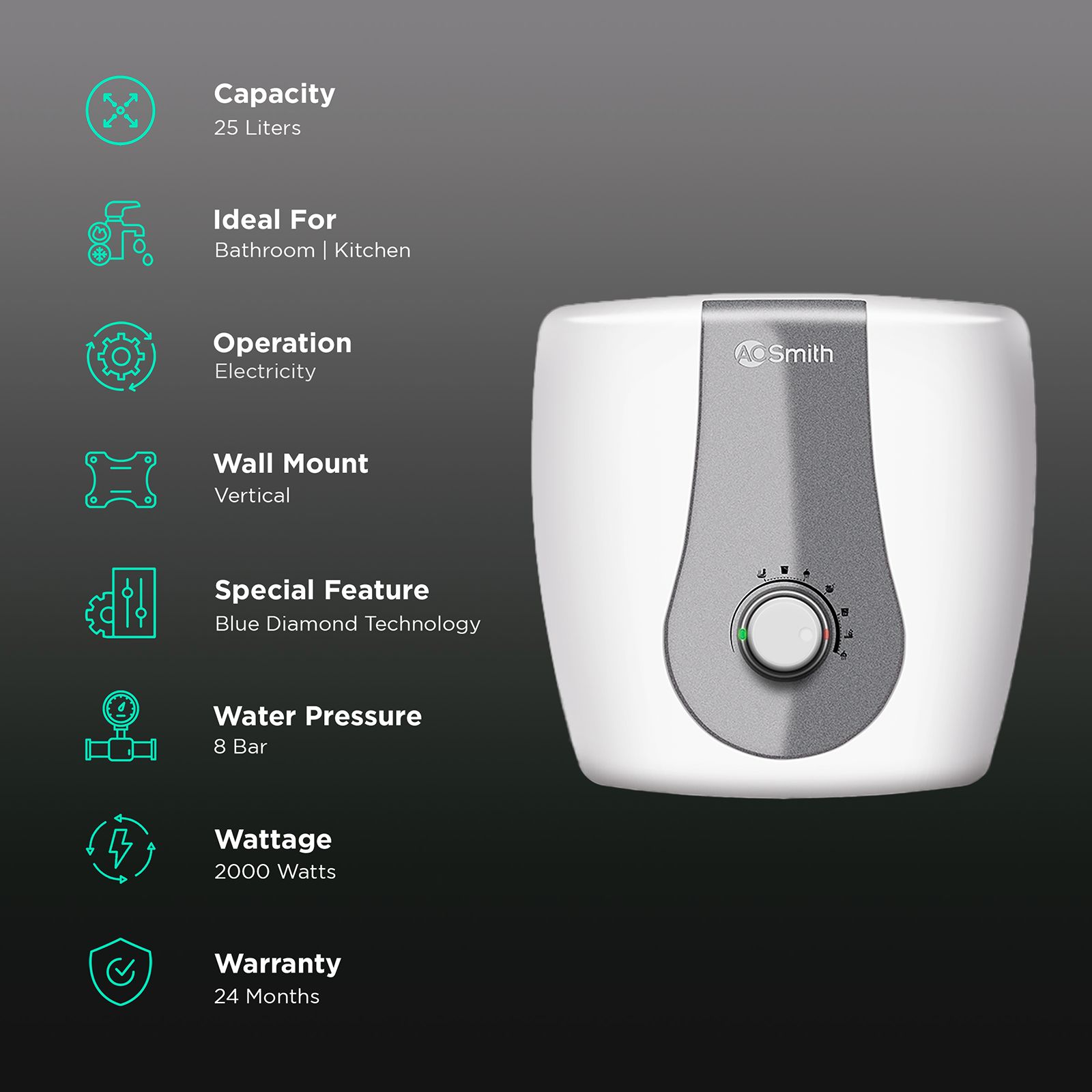 AO Smith Finesse 25 Litre 5 Star Vertical Storage Geyser with Blue Diamond Technology (White)_3