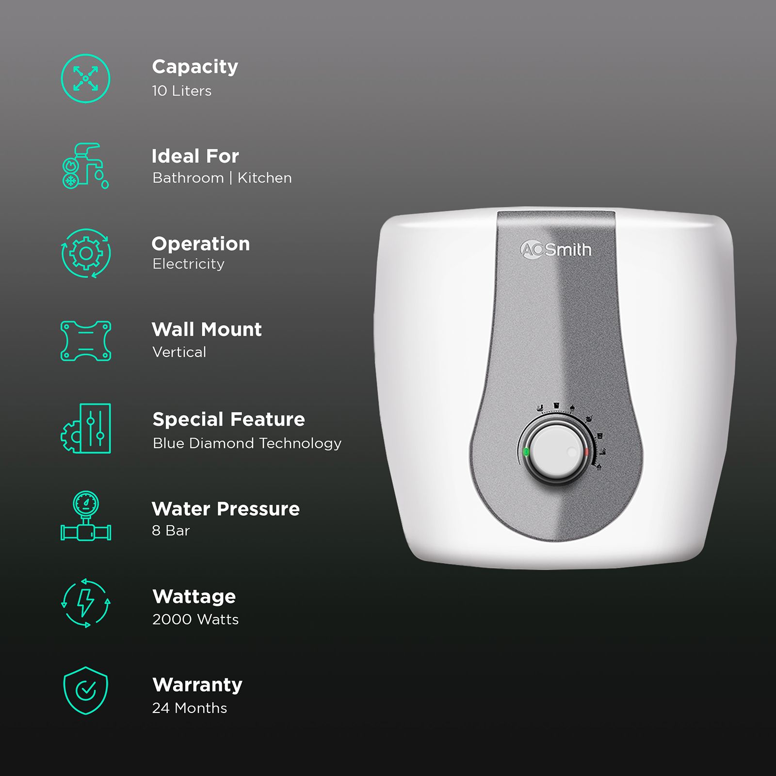 AO Smith Finesse 10 Litres 5 Star Vertical Storage Water Geyser with Glass Coated Incoloy Heating Element (White)_3