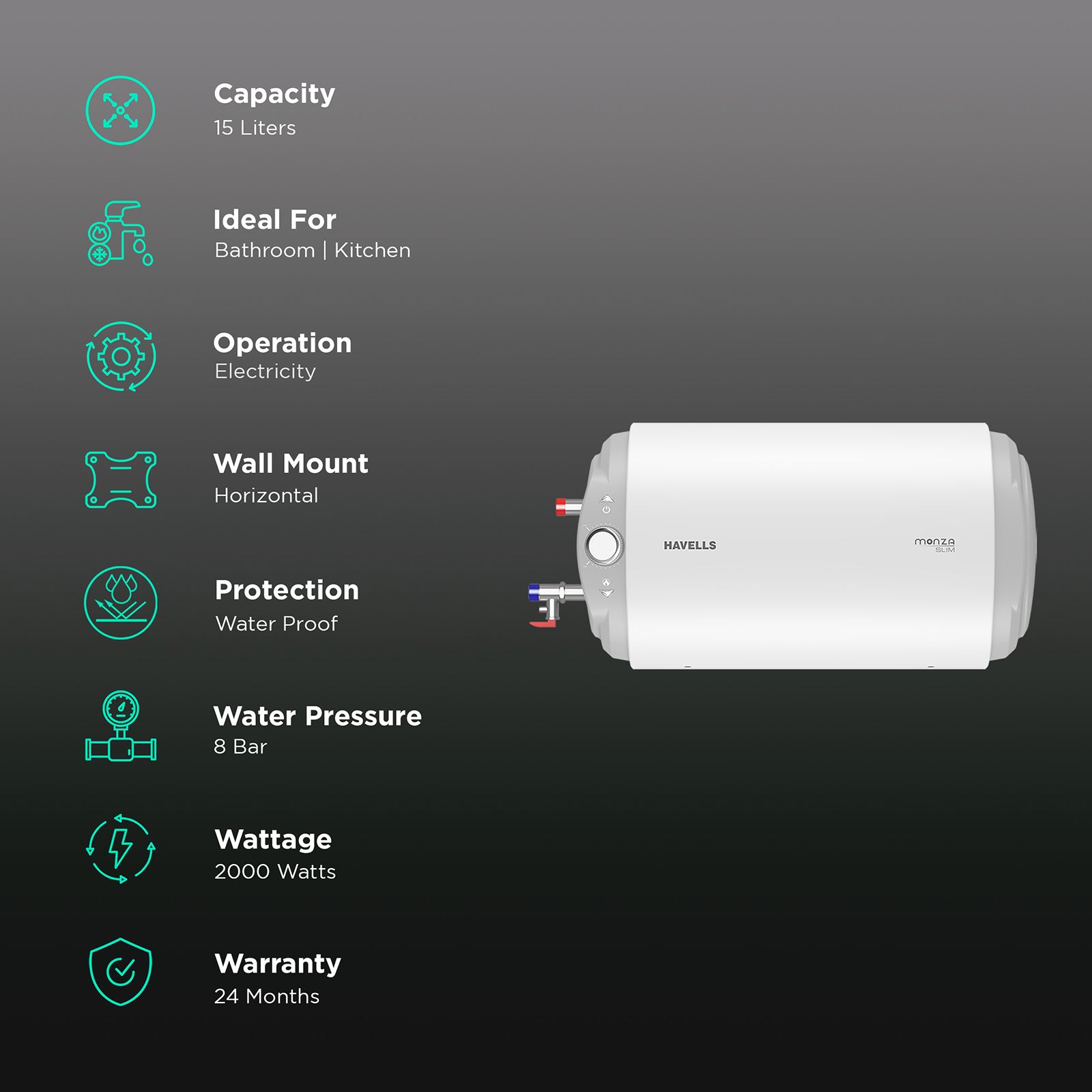 HAVELLS Monza Slim 15 Litres 4 Star Horizontal Storage Water Geyser with 8  Bar (White)_3