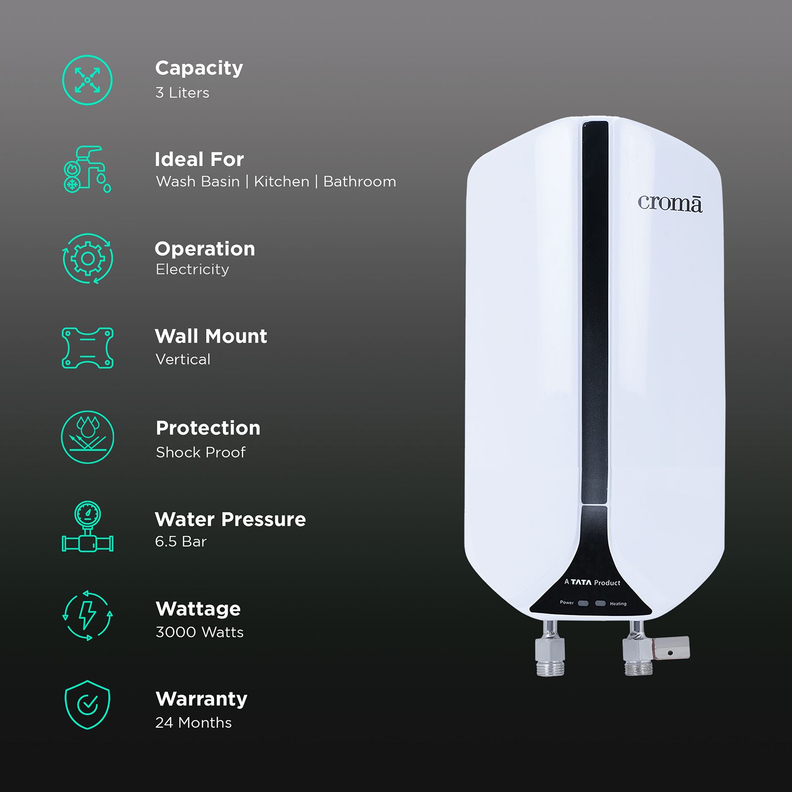Croma 3 Litres Instant Geyser with Shock Proof Protection (White) Croma 3 Litres Instant Geyser with Shock Proof Protection (White)_3