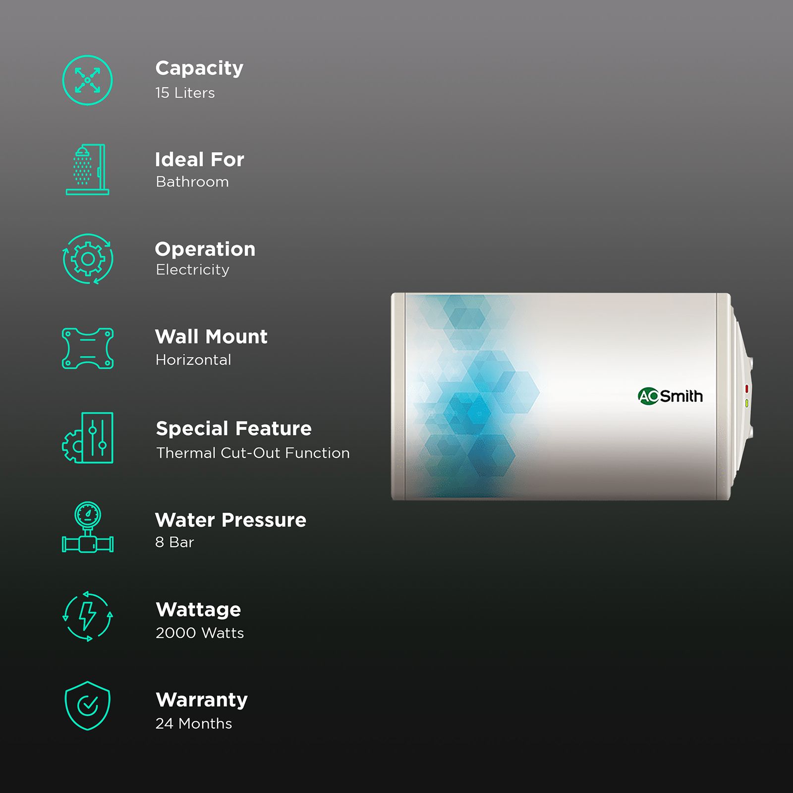 AO Smith 15 Litres 3 Star Horizontal Storage Water Geyser with Glass Coated Incoloy Heating Element (White) AO Smith 15 Litres 3 Star Horizontal Storage Water Geyser with Glass Coated Incoloy Heating Element (White)_3