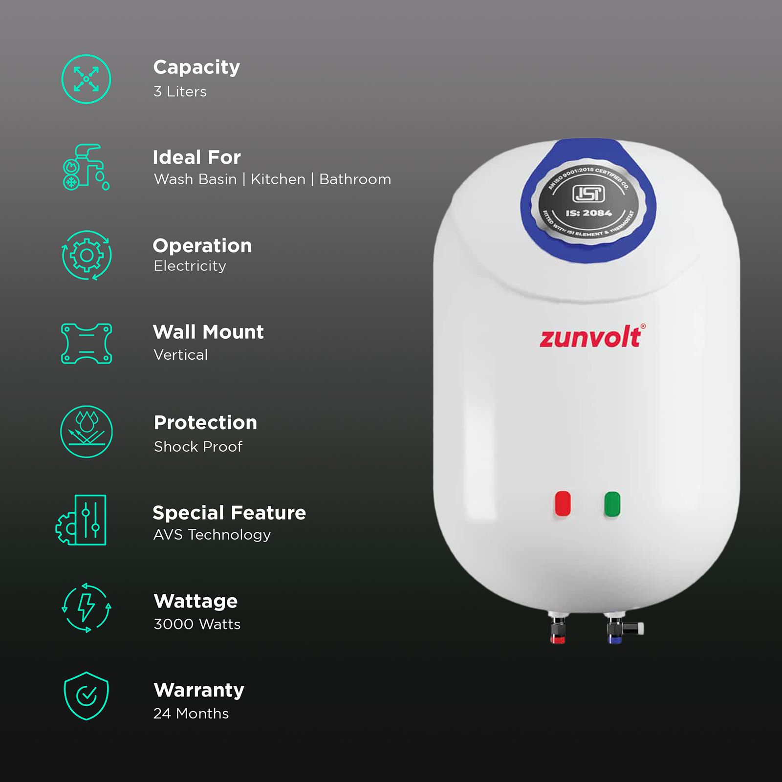 zunvolt 3 Litres Instant Water Geyser (3000 Watts, Geyser-3L, White)_3