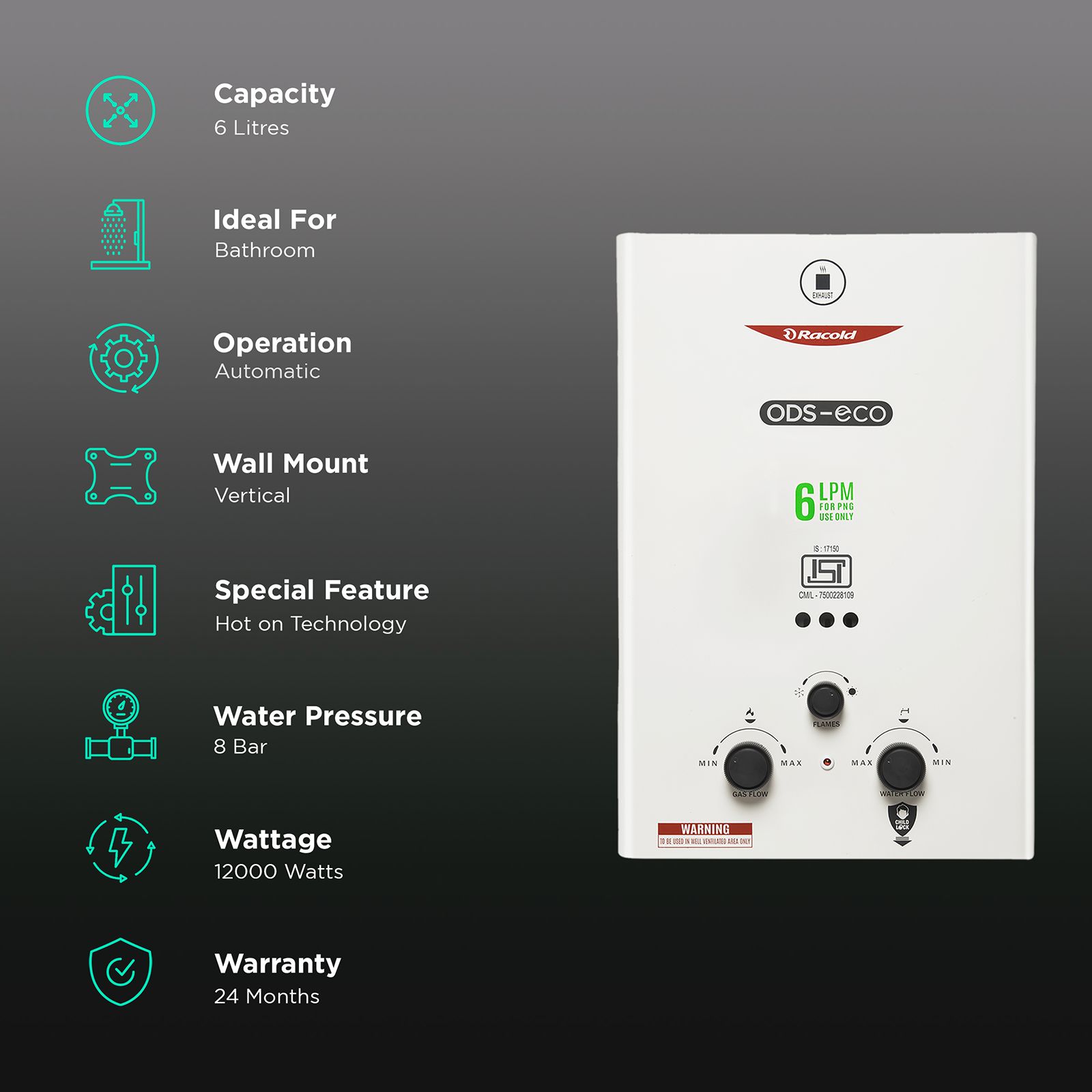 Racold PNG ODS-ECO 6 Litre Vertical Instant Geyser with Oxygen Depleting Sensor (White) Racold PNG ODS-ECO 6 Litre Vertical Instant Geyser with Oxygen Depleting Sensor (White)_3