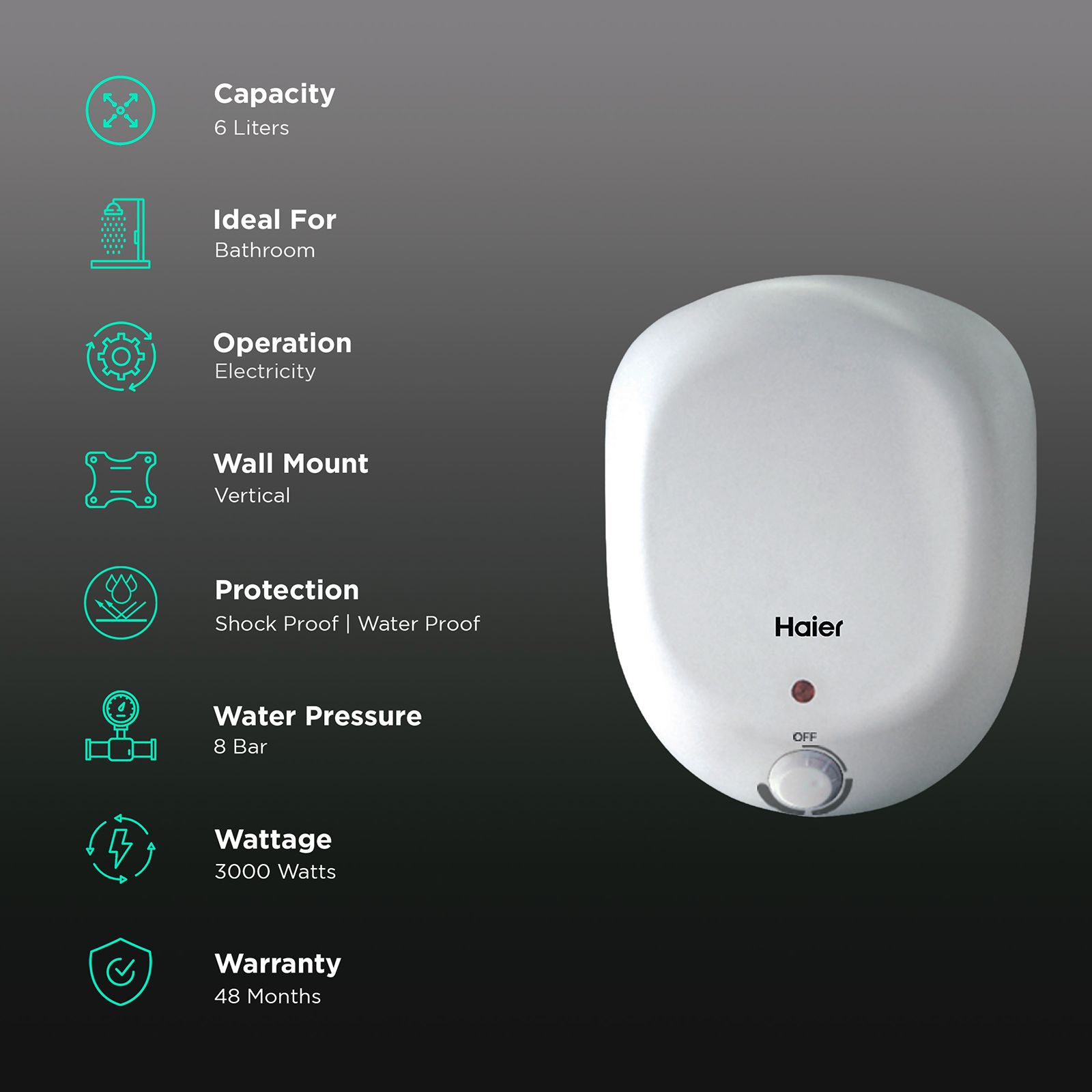 Haier ES6VQ1 6 Litres 4 Star Vertical Storage Water Geyser with Glass Coated Incoloy Heating Element (White) Haier ES6VQ1 6 Litres 4 Star Vertical Storage Water Geyser with Glass Coated Incoloy Heating Element (White)_3