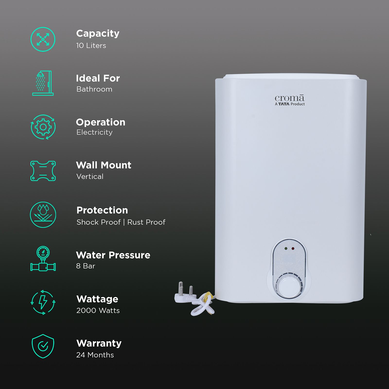 Croma 10 Litres 5 Star Vertical Storage Water Geyser with Copper Heating Element (White) Croma 10 Litres 5 Star Vertical Storage Water Geyser with Copper Heating Element (White)_3