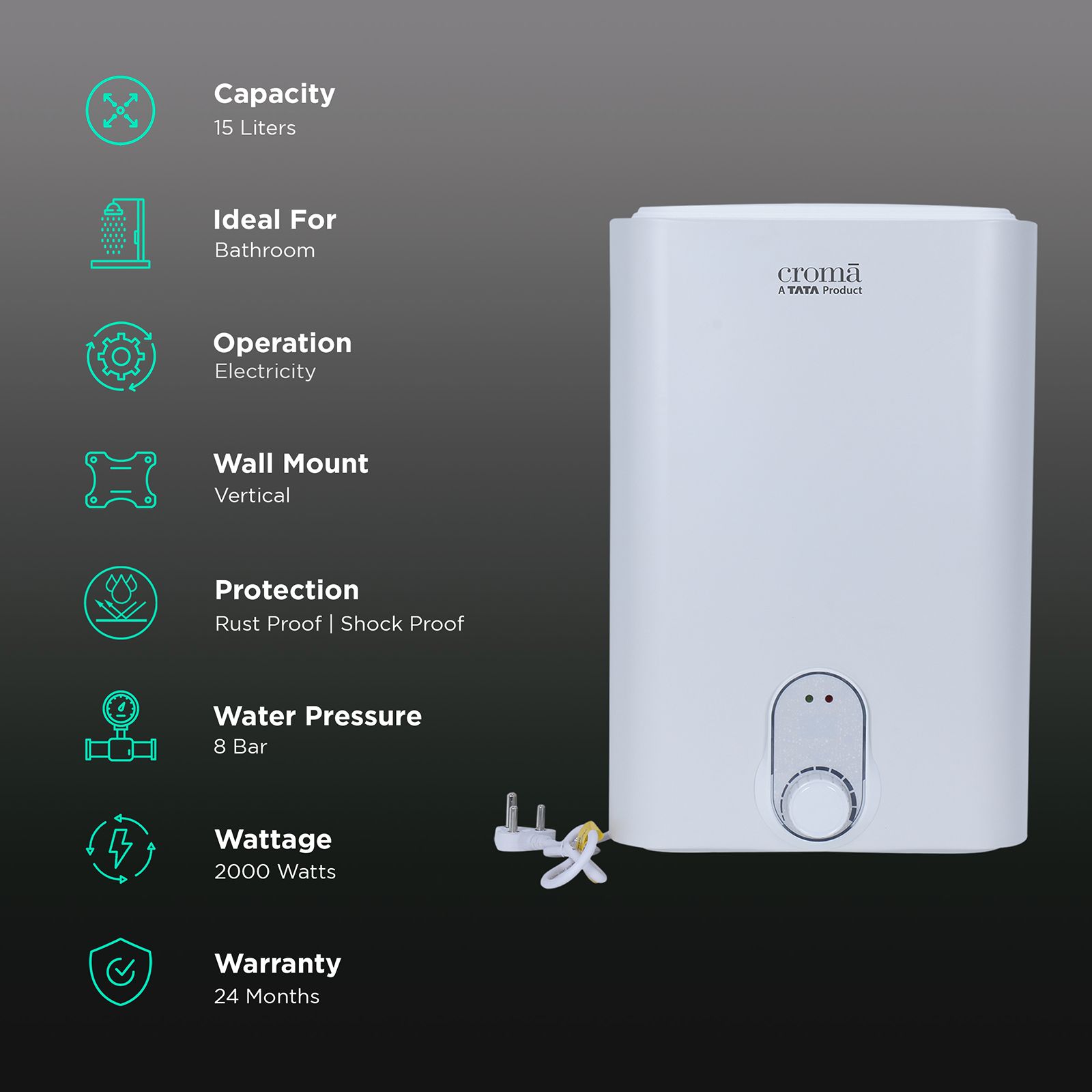 Croma 15 Litres 5 Star Vertical Storage Water Geyser with Copper Heating Element (White) Croma 15 Litres 5 Star Vertical Storage Water Geyser with Copper Heating Element (White)_3