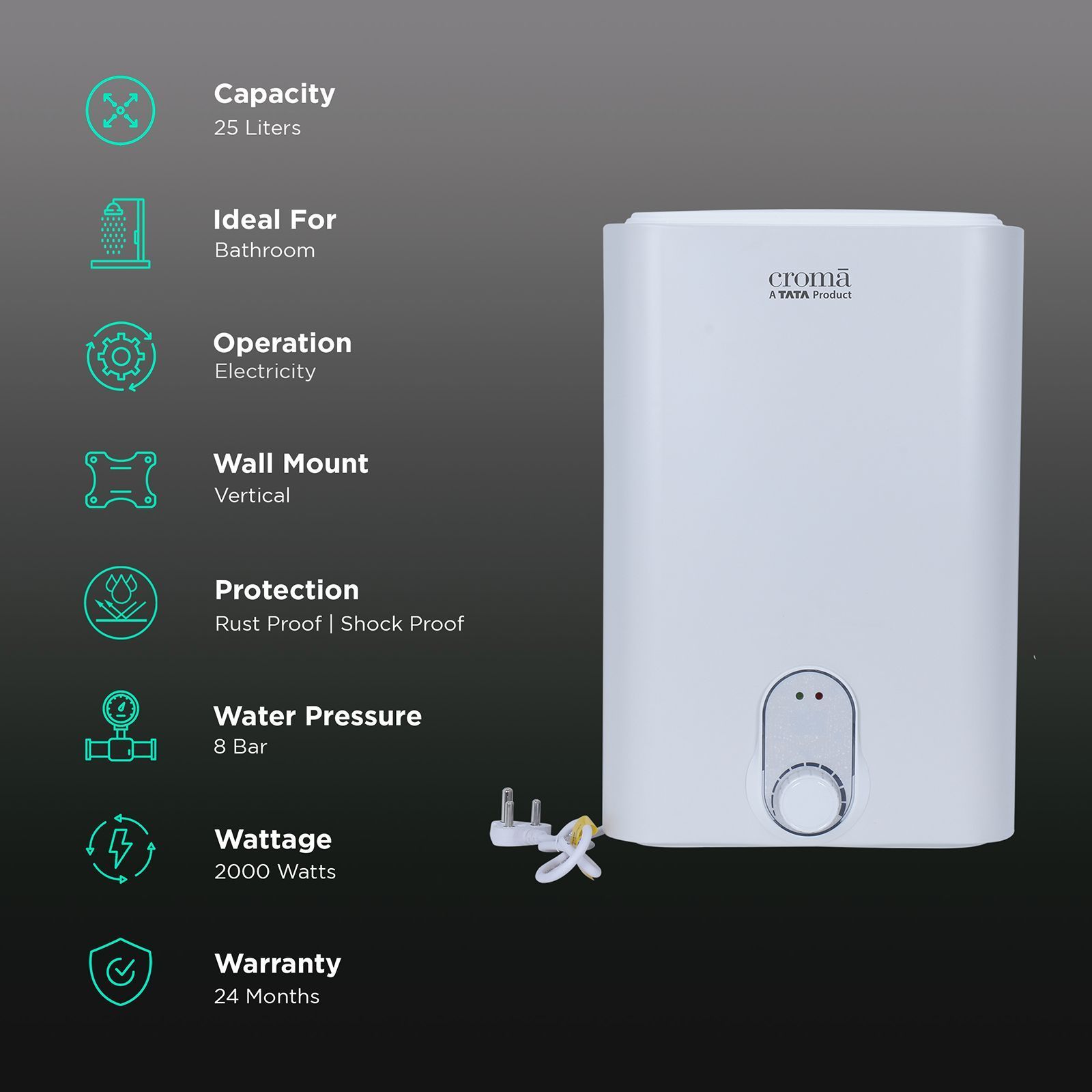 Croma 25 Litres 5 Star Vertical Storage Water Geyser with Copper Heating Element (White) Croma 25 Litres 5 Star Vertical Storage Water Geyser with Copper Heating Element (White)_3