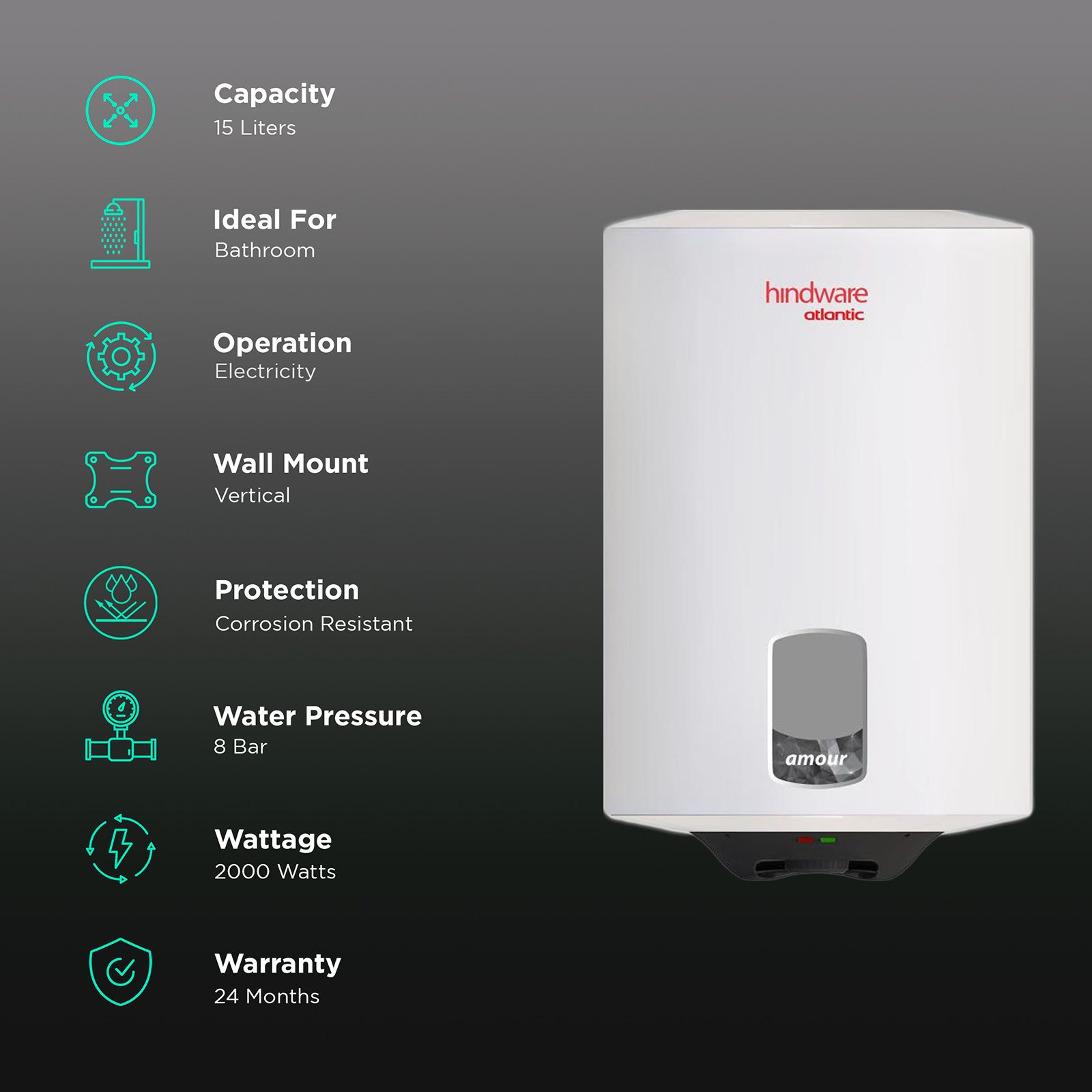 hindware Atlantic Amour 15 Litres 4 Star Vertical Storage Water Heater with Copper Heating Element (White)_3