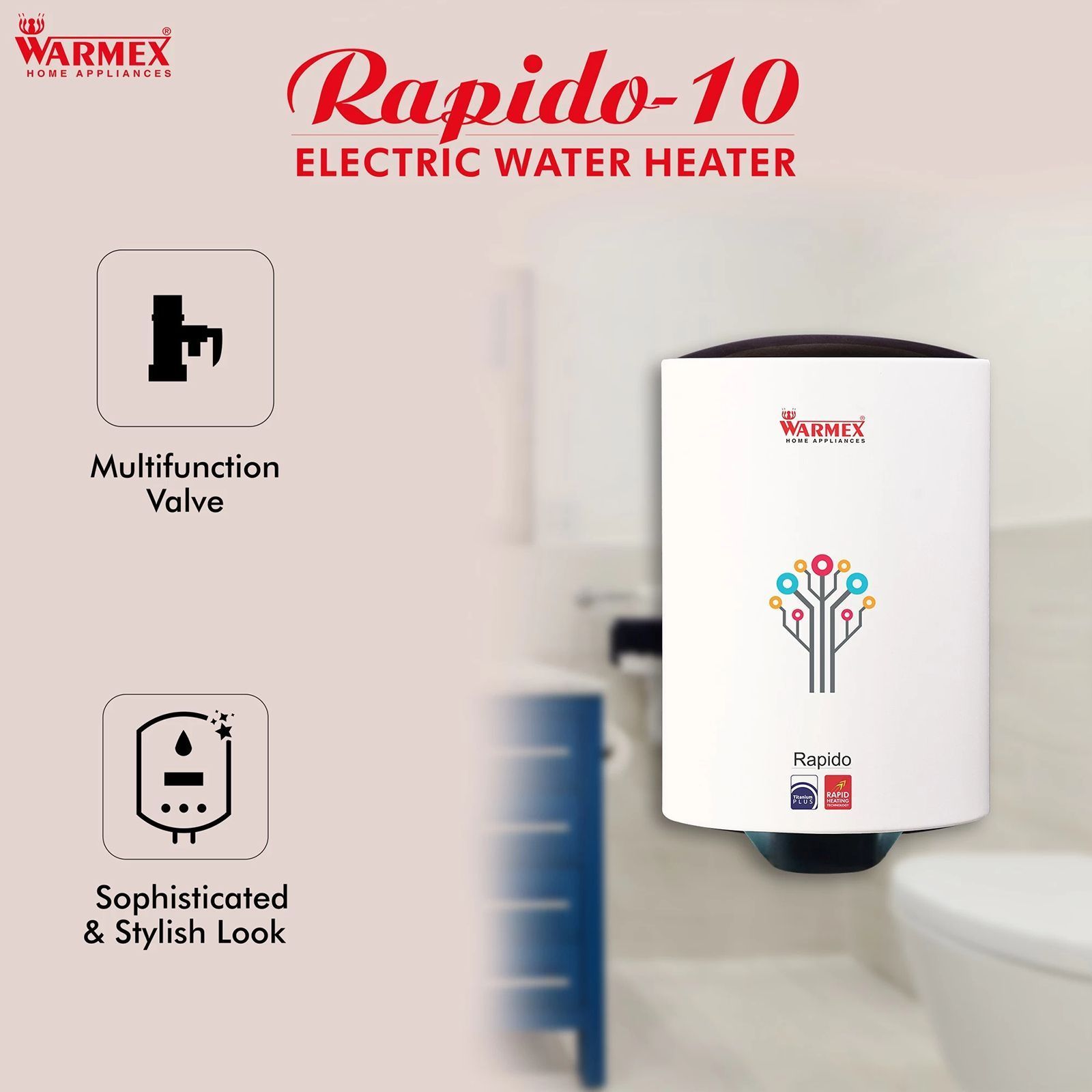 WARMEX Rapido 10 Litres 5 Star Vertical Storage Water Geyser with Sapphire Heating Element (White) WARMEX Rapido 10 Litres 5 Star Vertical Storage Water Geyser with Sapphire Heating Element (White)_5