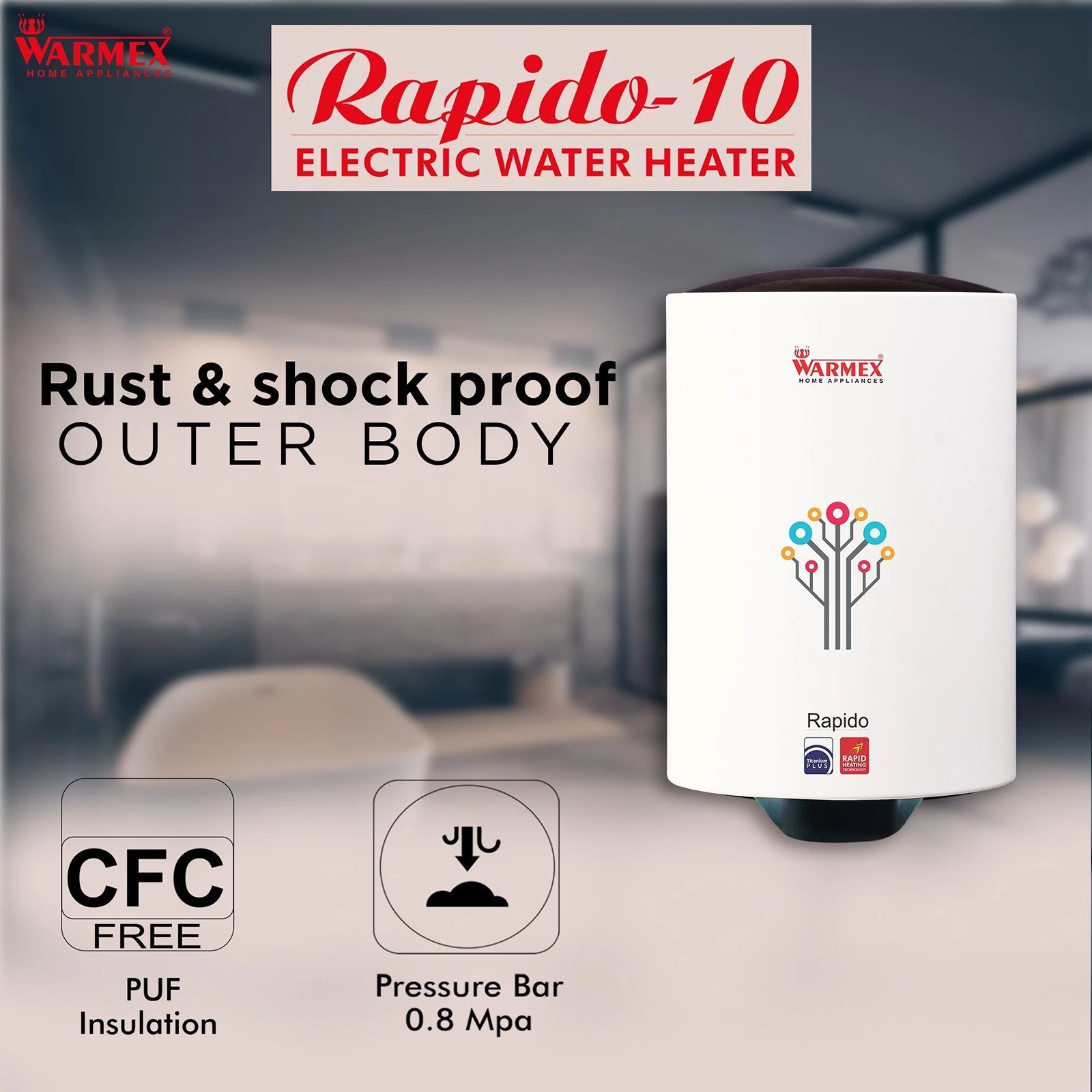 WARMEX Rapido 10 Litres 5 Star Vertical Storage Water Geyser with Sapphire Heating Element (White) WARMEX Rapido 10 Litres 5 Star Vertical Storage Water Geyser with Sapphire Heating Element (White)_6