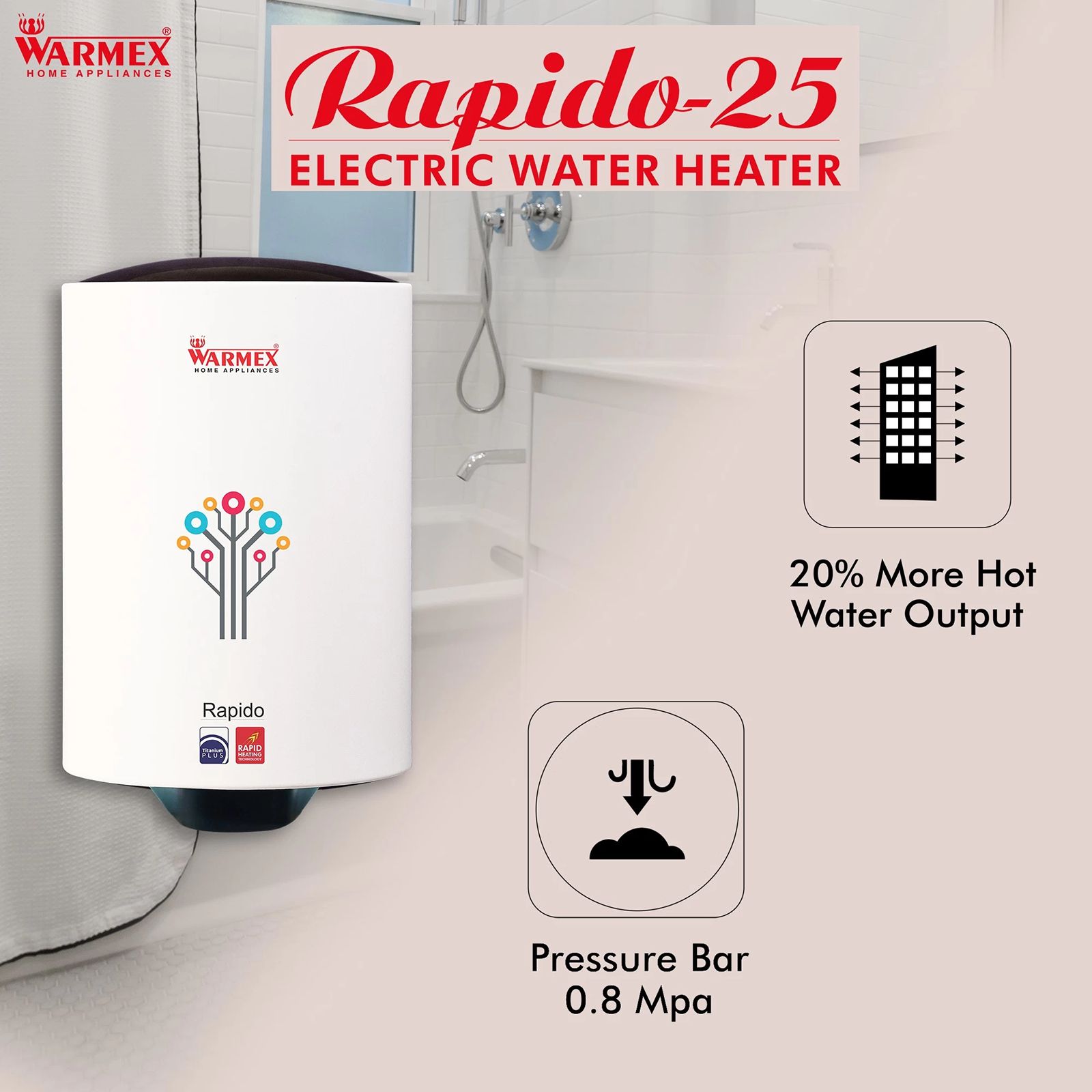 WARMEX Rapido 25 Litres 5 Star Storage Water Geyser (2000 Watts, White)_6