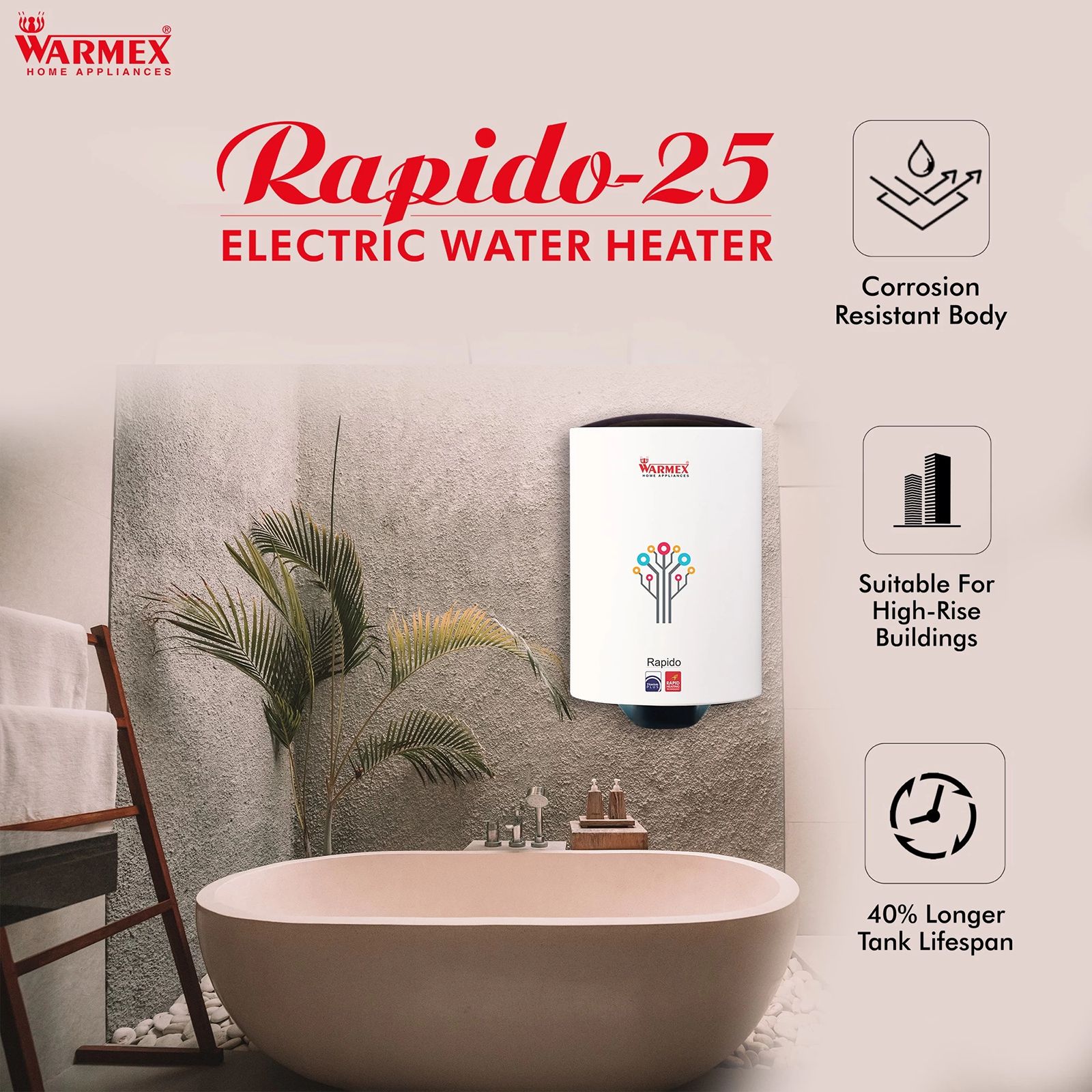 WARMEX Rapido 25 Litres 5 Star Storage Water Geyser (2000 Watts, White)_7