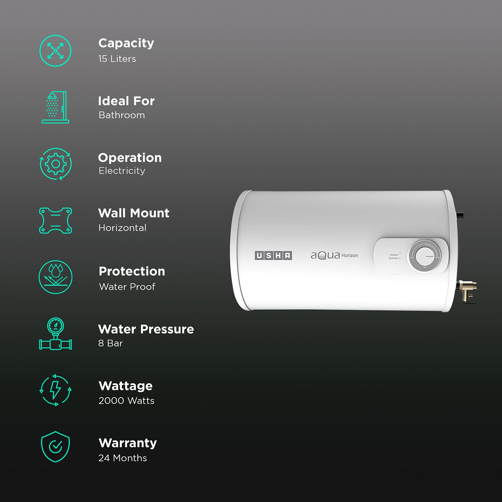 USHA Aqua Horizon 15 Litres 3 Star Horizontal Storage Water Geyser with Short-circuit Protection (White) USHA Aqua Horizon 15 Litres 3 Star Horizontal Storage Water Geyser with Short-circuit Protection (White)_3