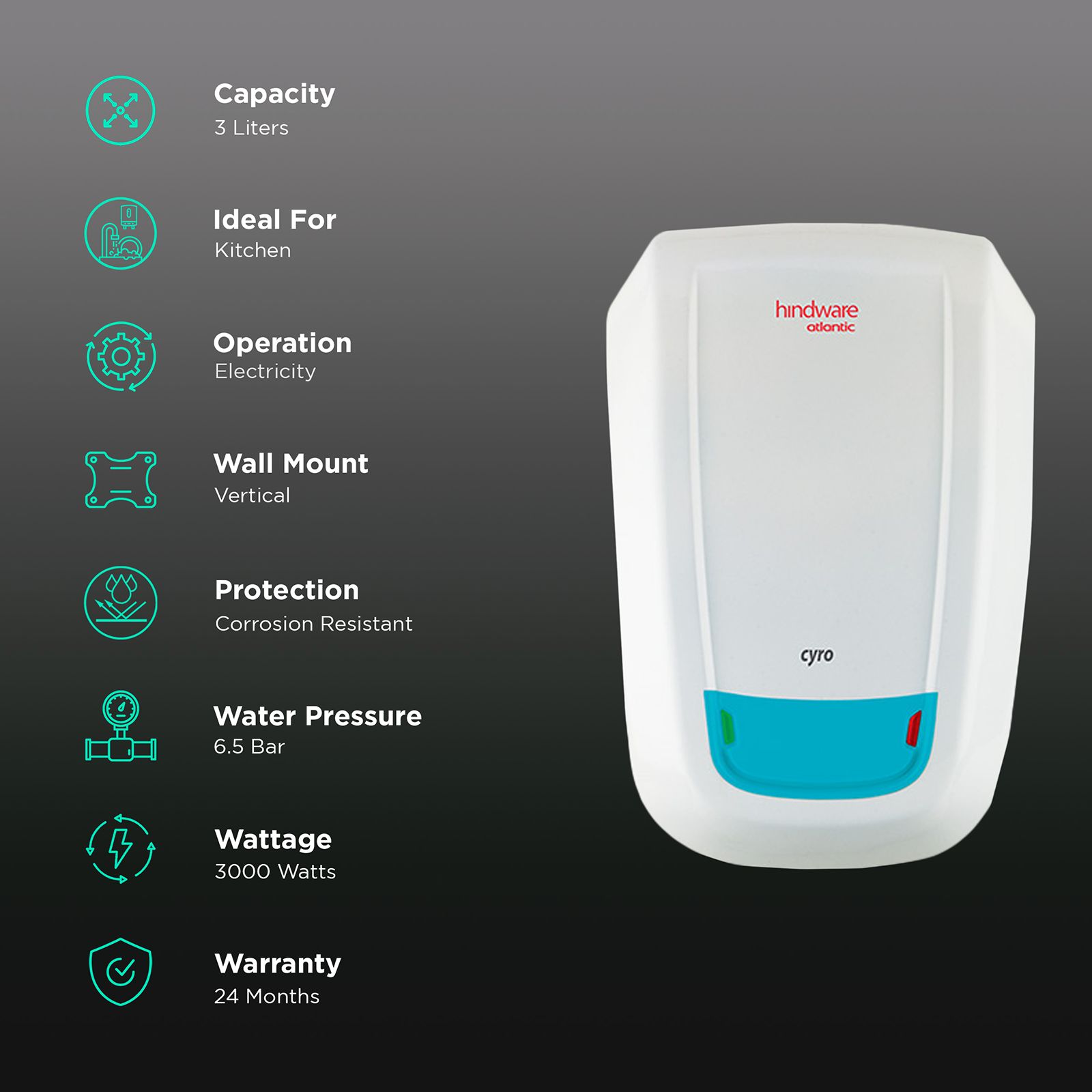 hindware Atlantic Cyro 3 Litres Instant Water Geyser (3000 Watts, 517741, White) hindware Atlantic Cyro 3 Litres Instant Water Geyser (3000 Watts, 517741, White)_3