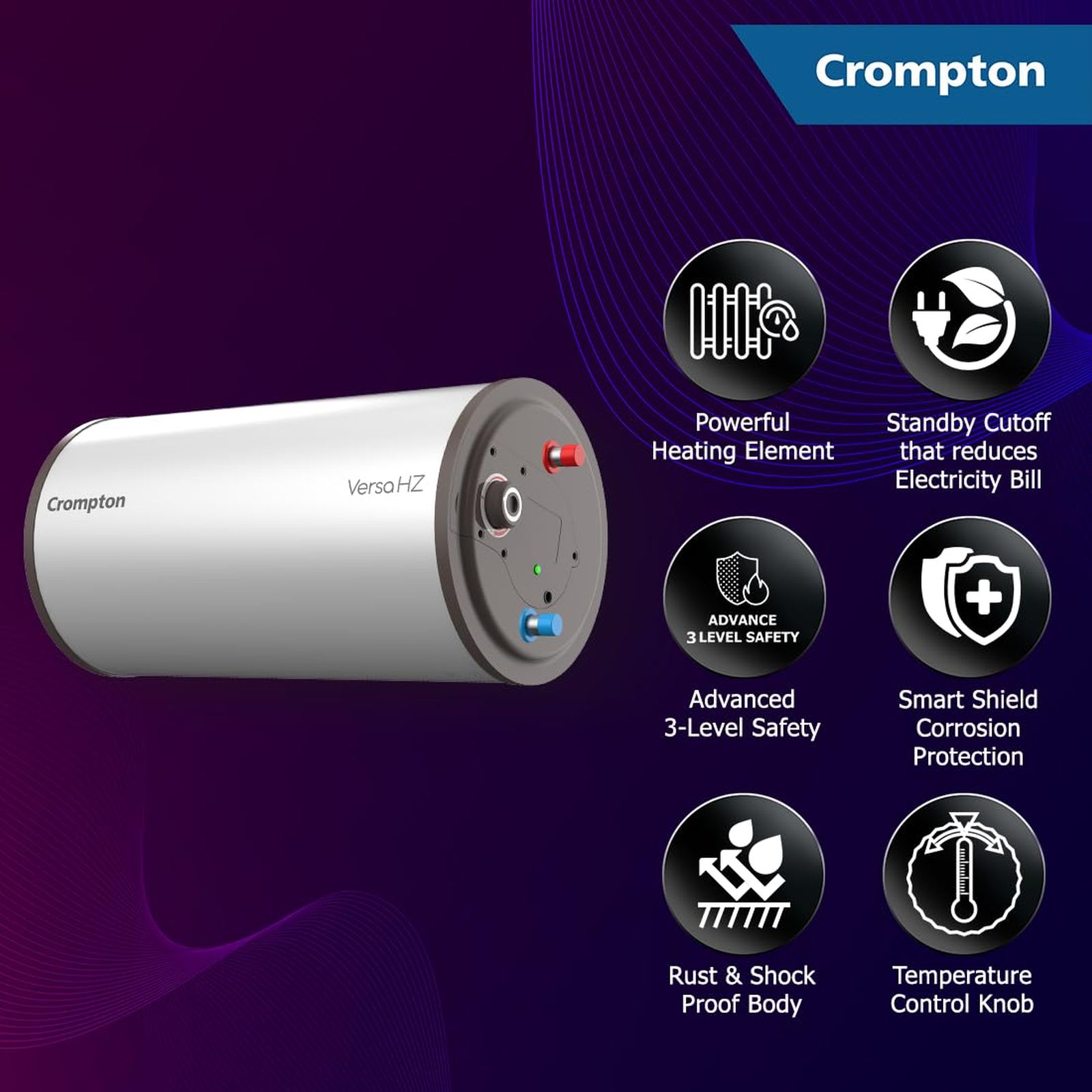 Crompton Versa Hz RHS 10 Litre 3 Star Horizontal Storage Geyser with Powerful Heating Element (Ivory)_5