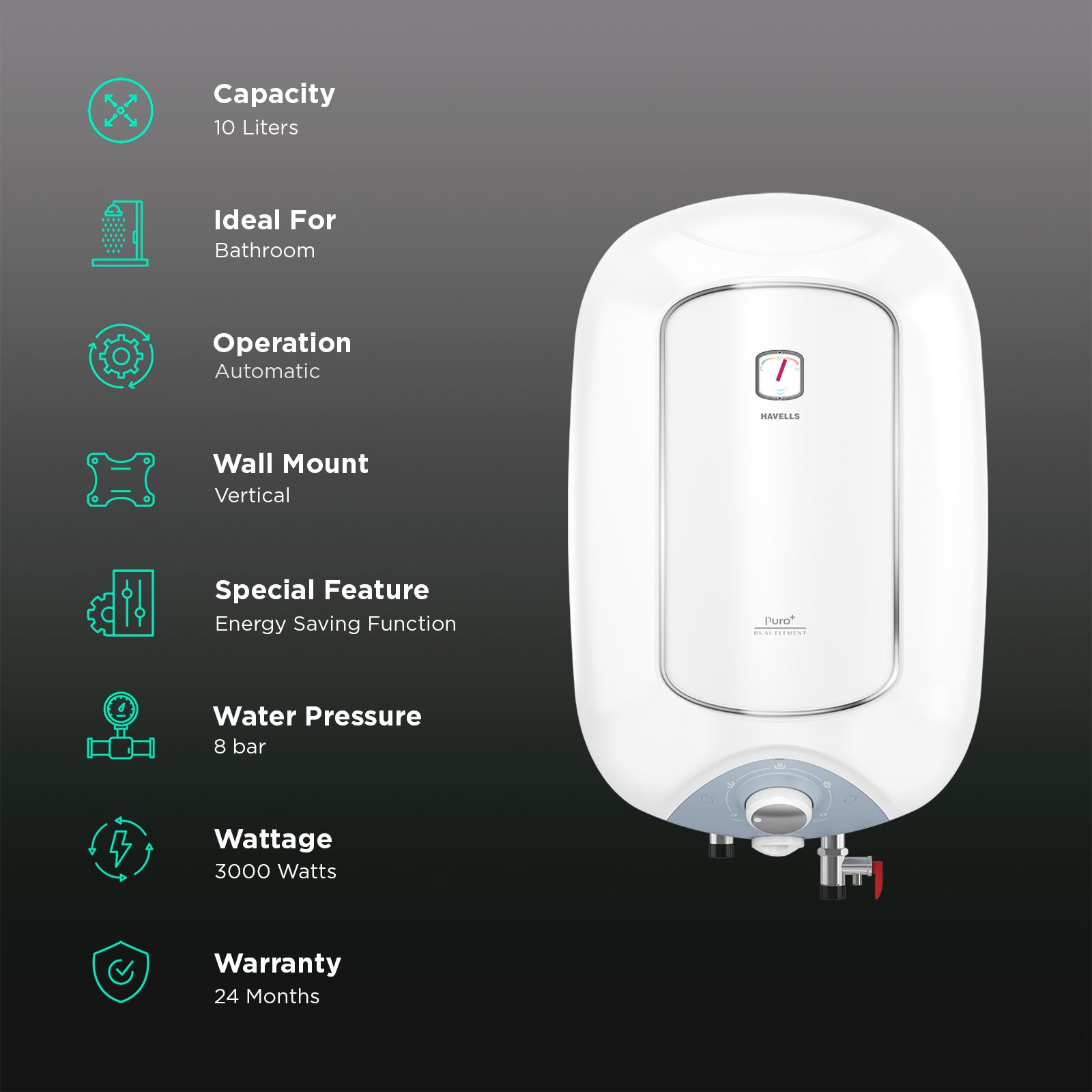 HAVELLS Puro Plus 10 Litre 4 Star Vertical Storage Geyser with High Density PUF Insulation (White)_3