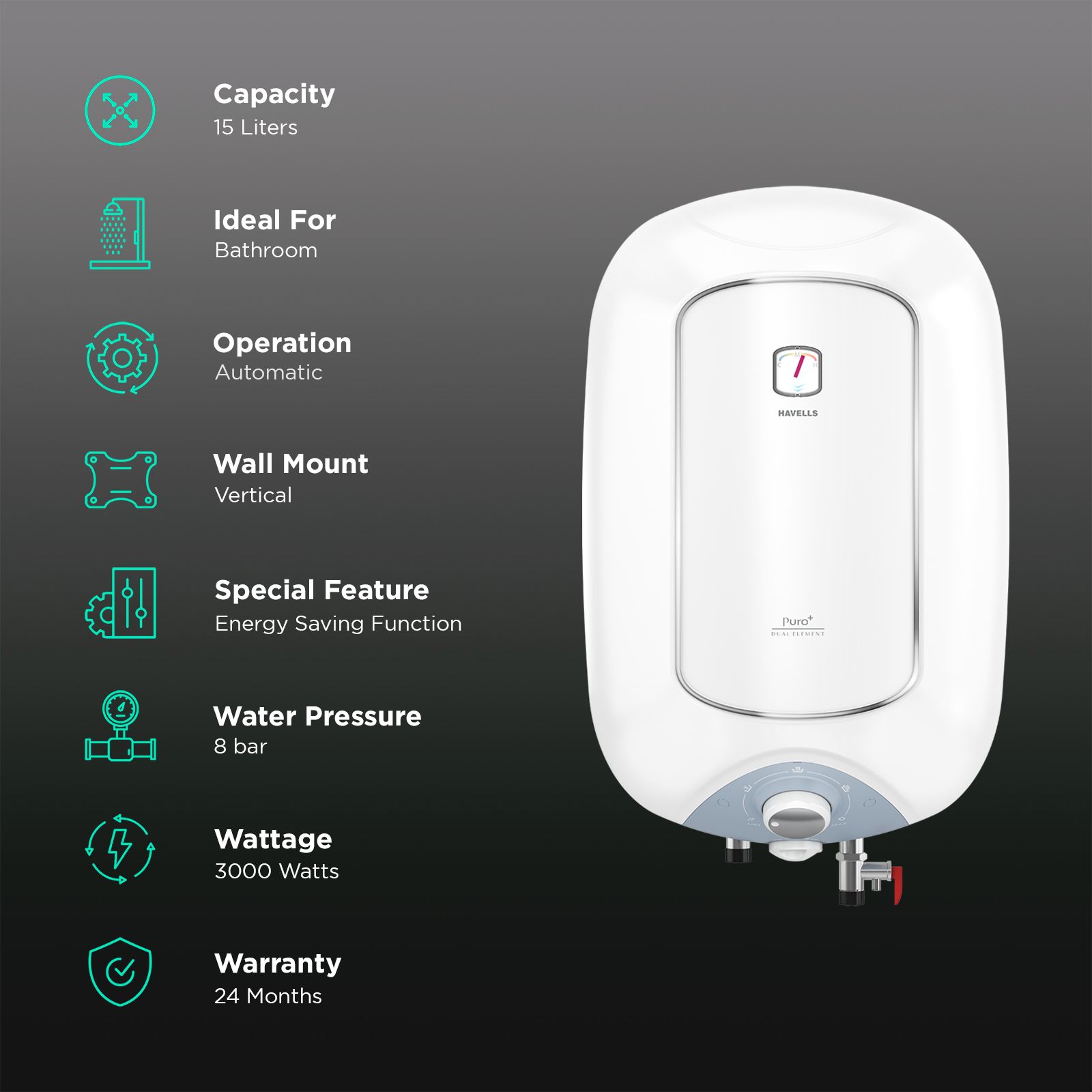 HAVELLS Puro PLus 15 Litre 4 Star Vertical Storage Geyser with High Density PUF Insualtion (White)_3