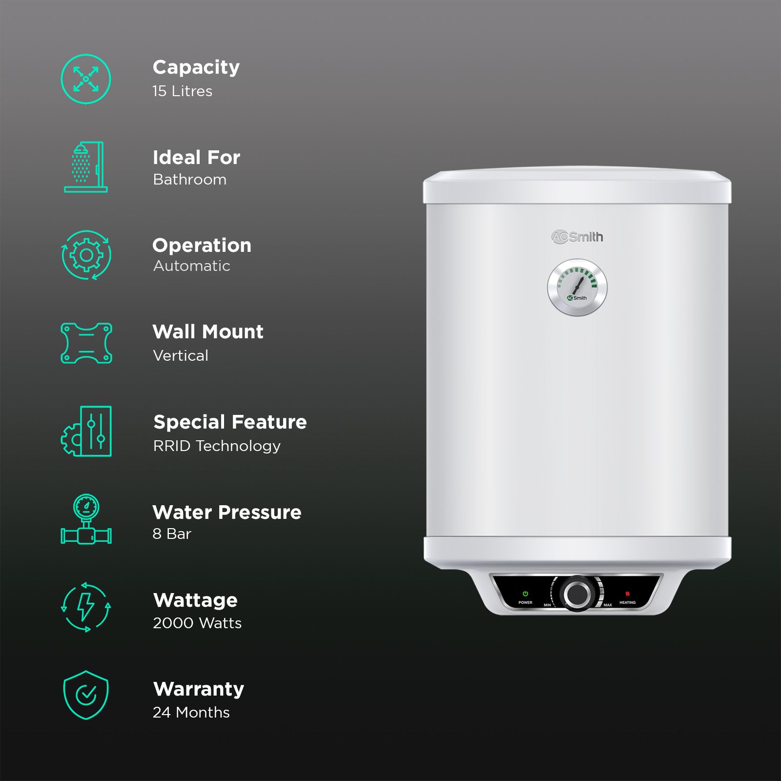 AO Smith Elegance Prime 15 Litre 5 Star Vertical Storage Geyser with Innovative RRID Technology (White Silver) AO Smith Elegance Prime 15 Litre 5 Star Vertical Storage Geyser with Innovative RRID Technology (White Silver)_3