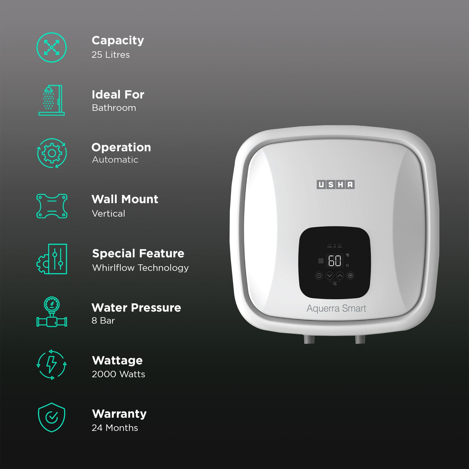 USHA Aquerra 25 Litre 5 Star Vertical Smart Geyser with Intelligent Features Through App (White)_3
