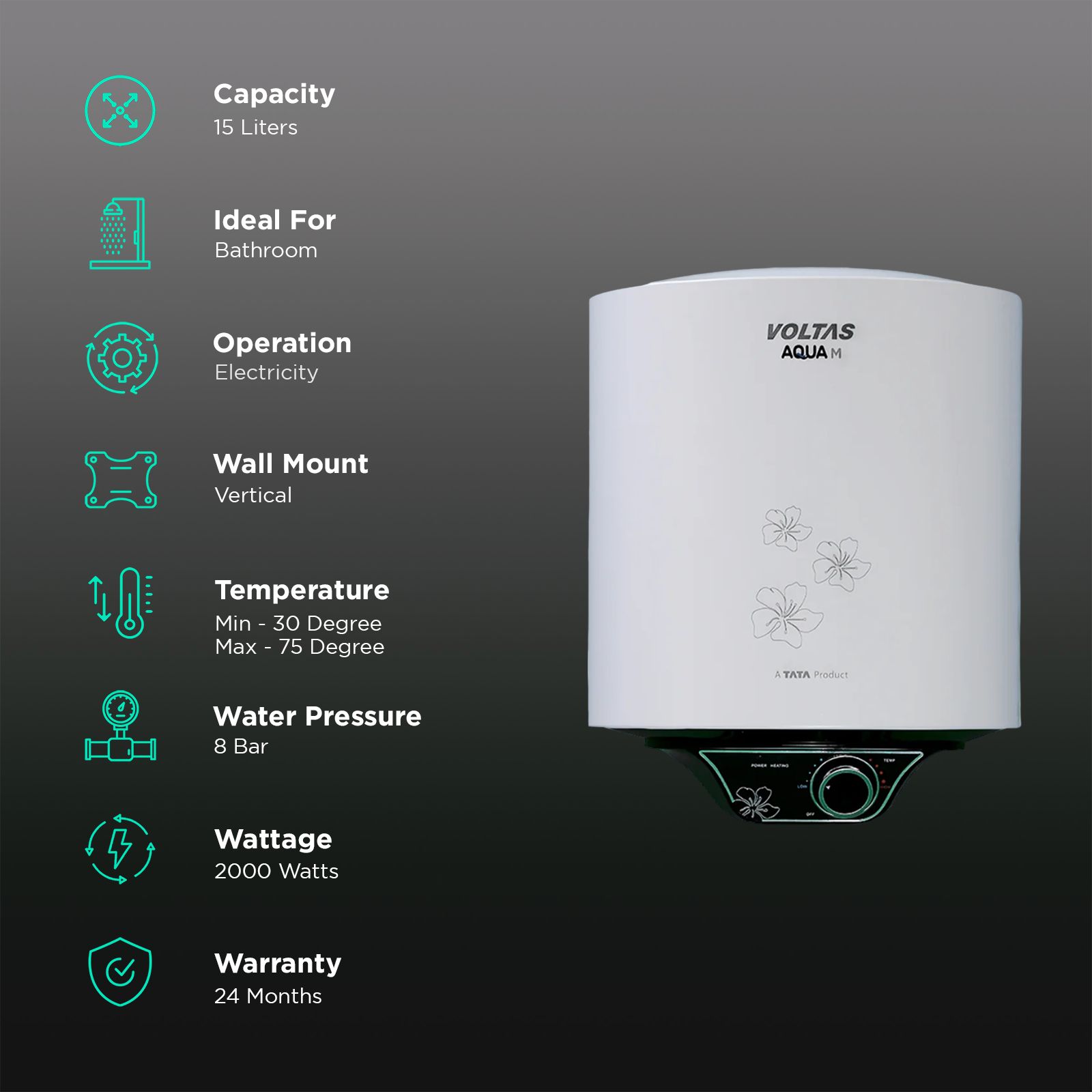 VOLTAS Aqua M 15 Litre 5 Star Vertical Storage Geyser with Quartzline Coating (Grey) VOLTAS Aqua M 15 Litre 5 Star Vertical Storage Geyser with Quartzline Coating (Grey)_3