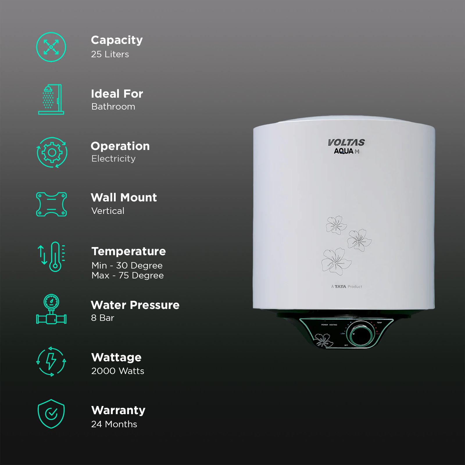 VOLTAS Aqua M 25 Litre 5 Star Vertical Storage Geyser with Quartzline Coating (Grey) VOLTAS Aqua M 25 Litre 5 Star Vertical Storage Geyser with Quartzline Coating (Grey)_3