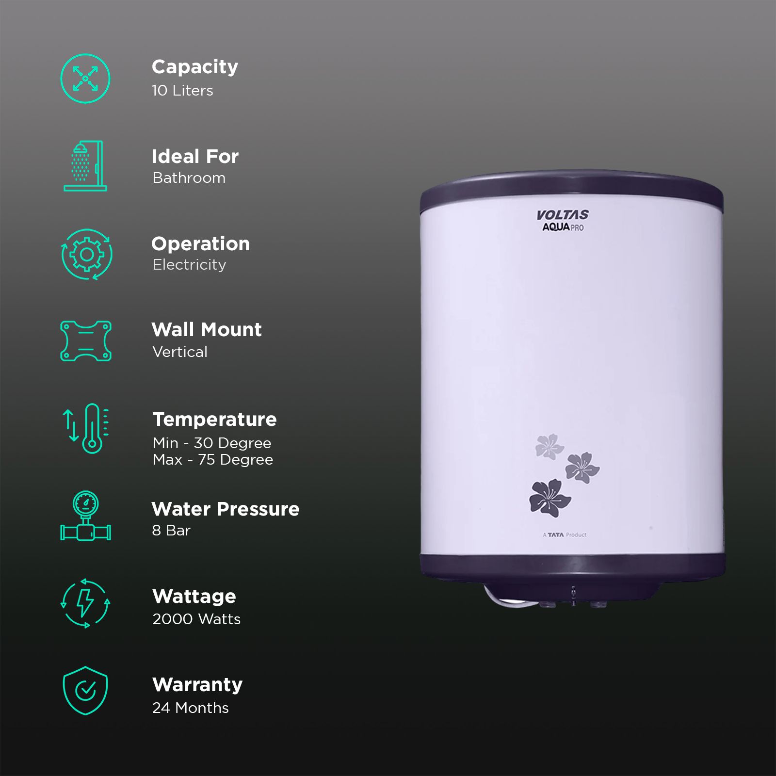 VOLTAS Aqua Pro 10 Litre 5 Star Vertical Storage Geyser with 6 Level Safety Feature (Grey) VOLTAS Aqua Pro 10 Litre 5 Star Vertical Storage Geyser with 6 Level Safety Feature (Grey)_3