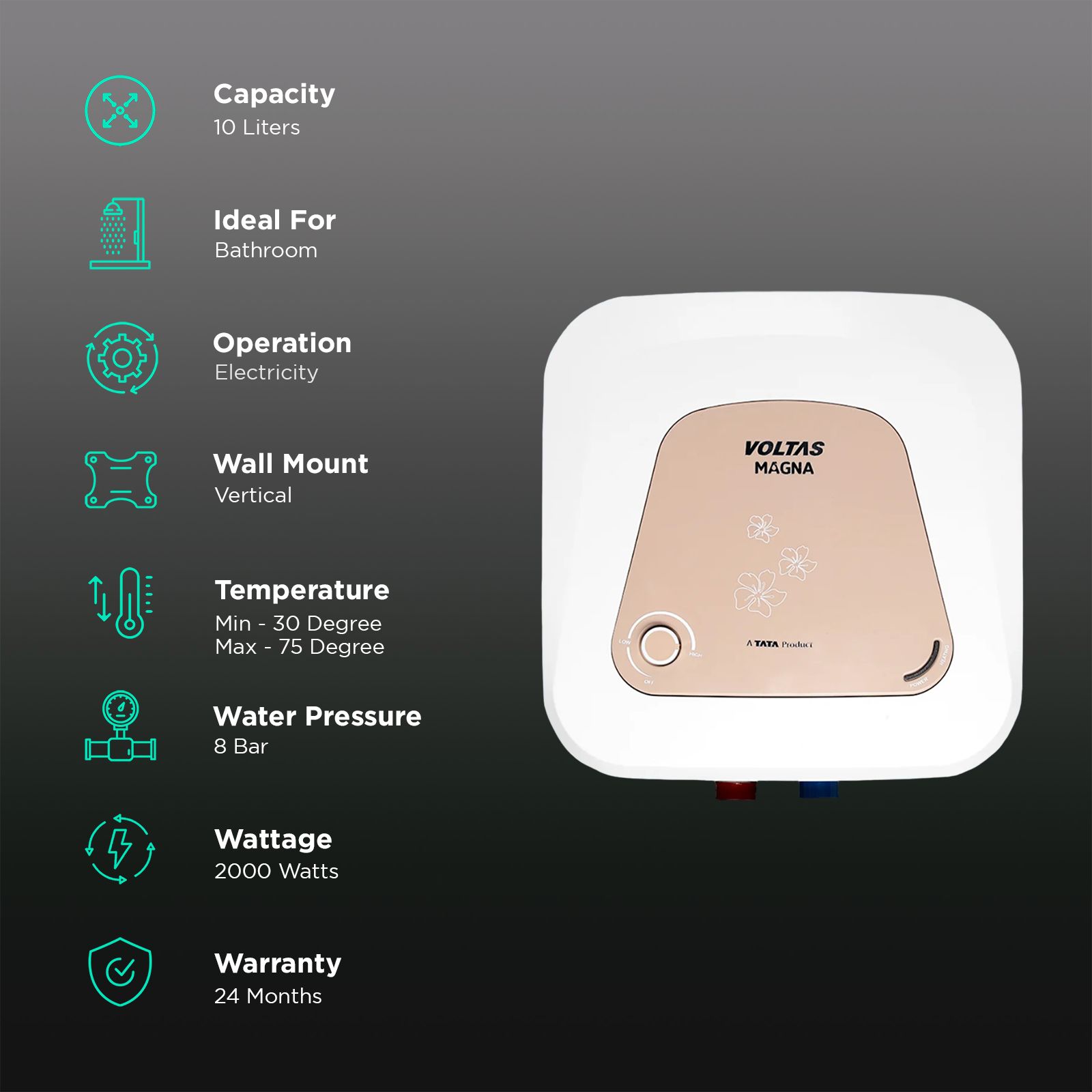 VOLTAS Magna 10 Litre 5 Star Vertical Storage Geyser with Quartzline Coating (White) VOLTAS Magna 10 Litre 5 Star Vertical Storage Geyser with Quartzline Coating (White)_3