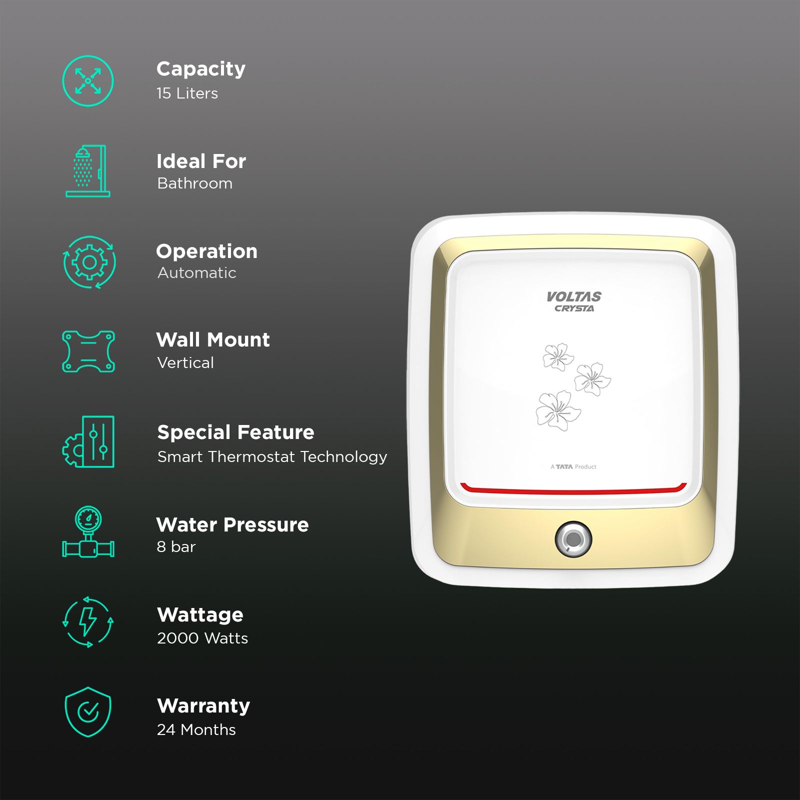 VOLTAS Crysta 15 Litre 5 Star Vertical Storage Geyser with Smart Thermostat Technology (White)_3