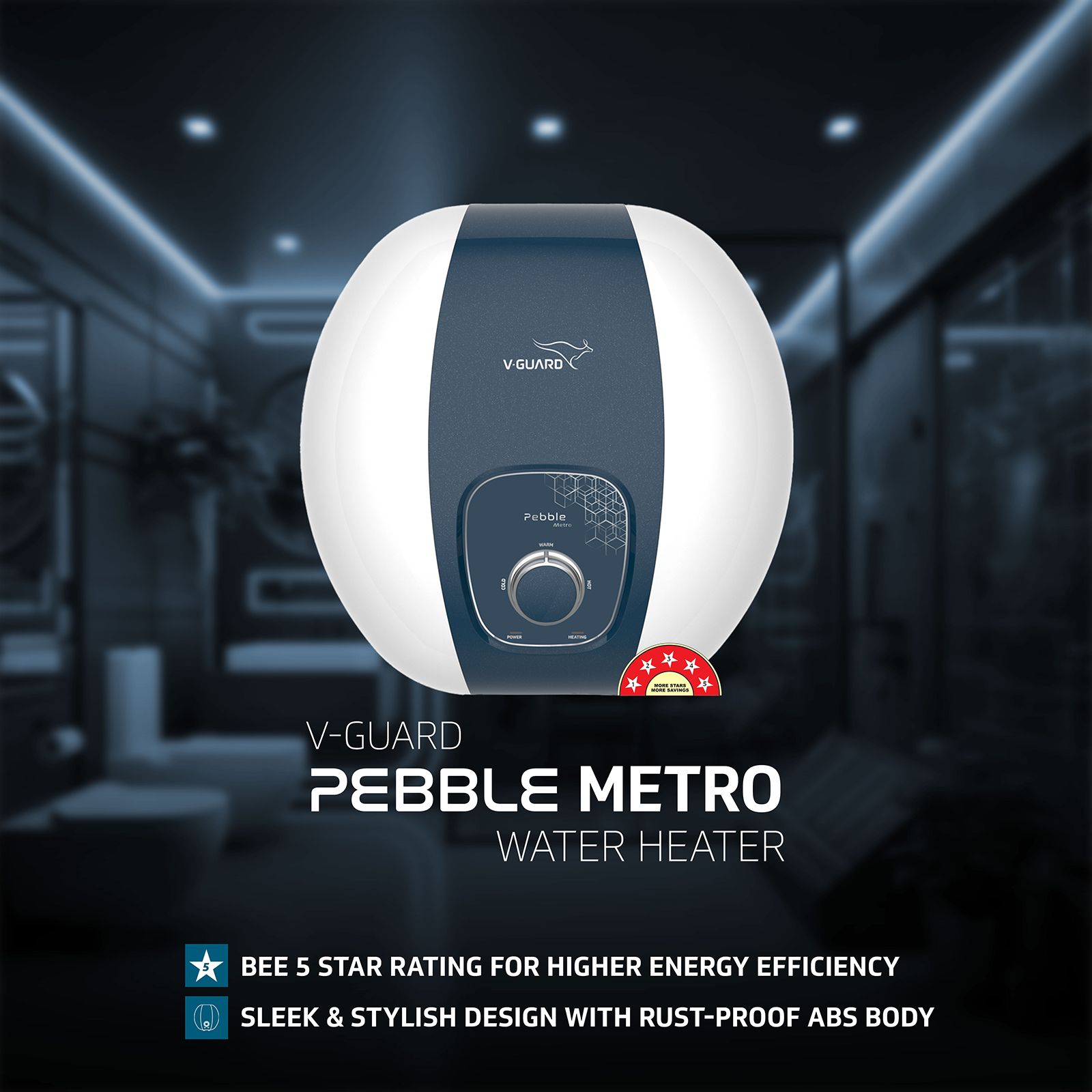V-GUARD Pebble Metro 6 Litre 5 Star Vertical Storage Geyser with Energy Saving Technology (White)_5