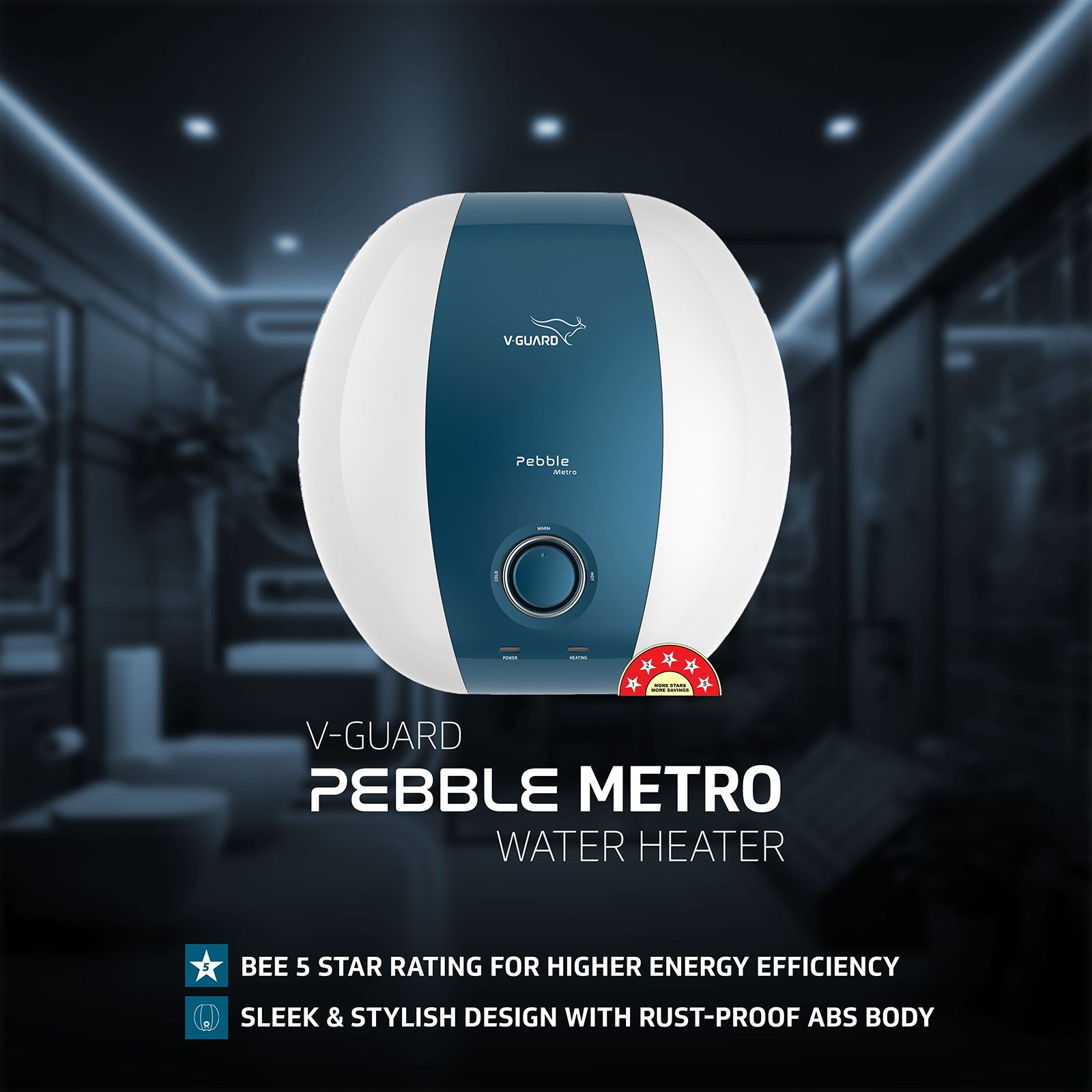 V-Guard Pebble Metro 10 Litre 5 Star Vertical Storage Geyser with Energy Saving Technology (White)_4