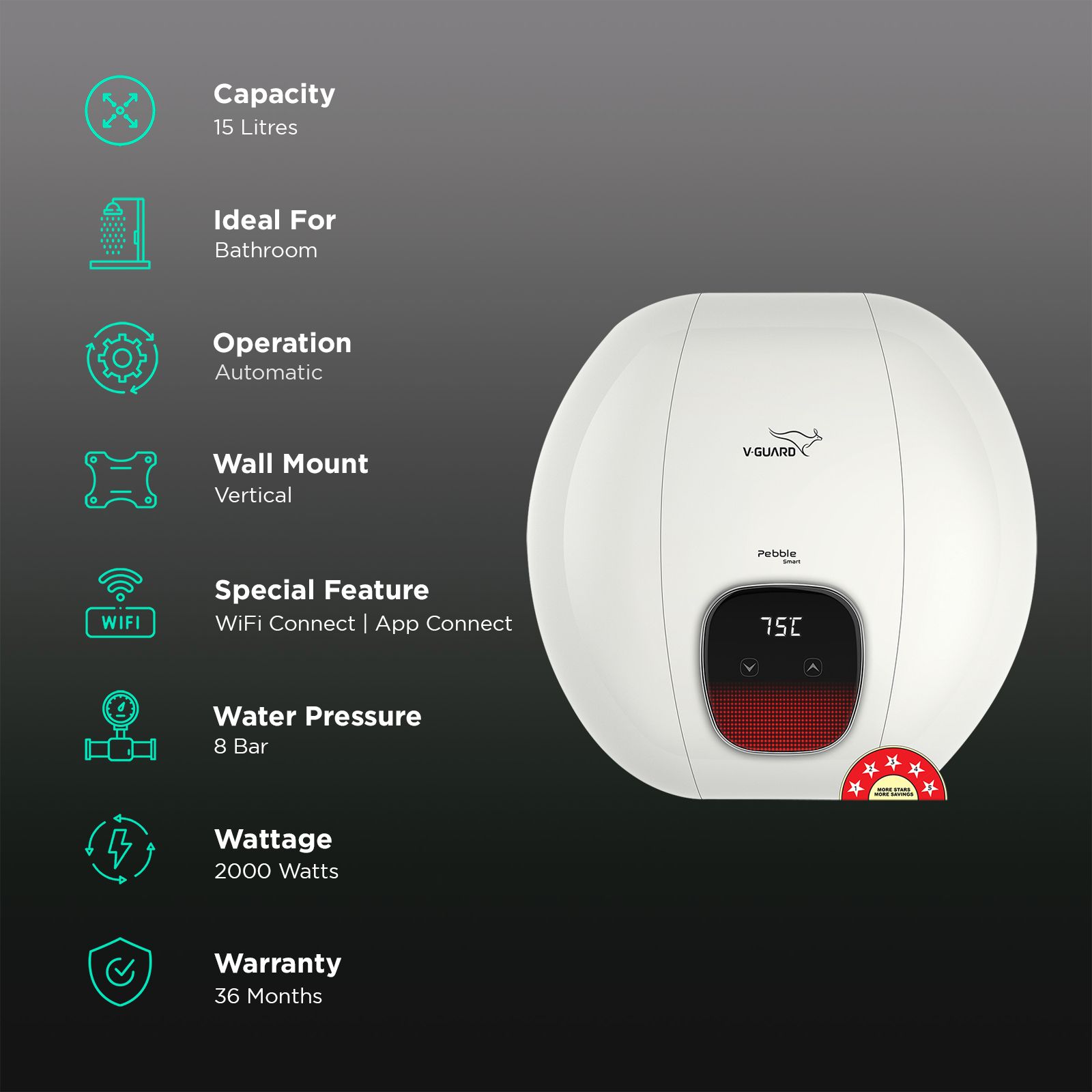 V-Guard Pebble Smart 15 Litre 5 Star Vertical Smart Geyser with Alexa & Google Assistant Compatibility (White) V-Guard Pebble Smart 15 Litre 5 Star Vertical Smart Geyser with Alexa & Google Assistant Compatibility (White)_3