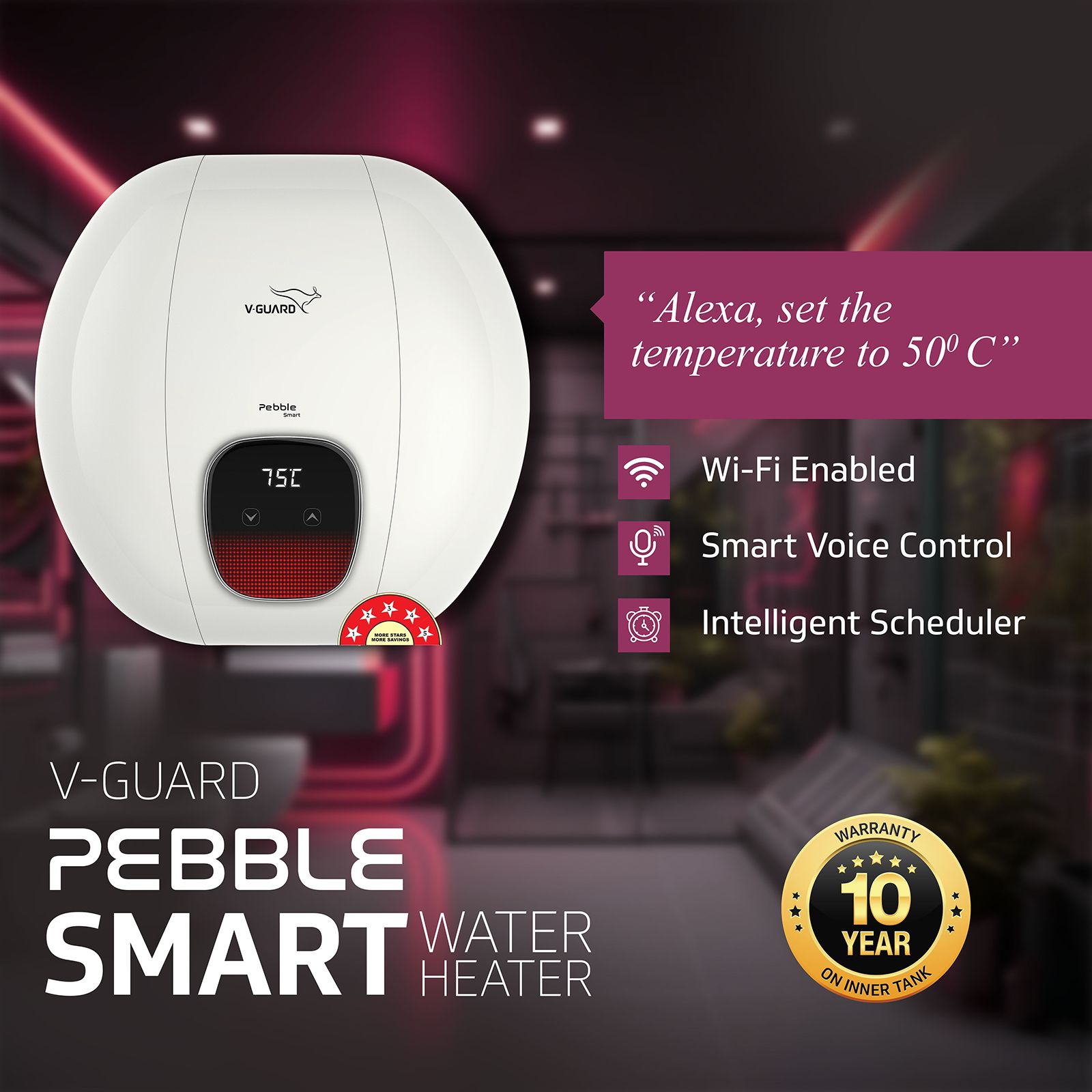 V-Guard Pebble Smart 15 Litre 5 Star Vertical Smart Geyser with Alexa & Google Assistant Compatibility (White) V-Guard Pebble Smart 15 Litre 5 Star Vertical Smart Geyser with Alexa & Google Assistant Compatibility (White)_4