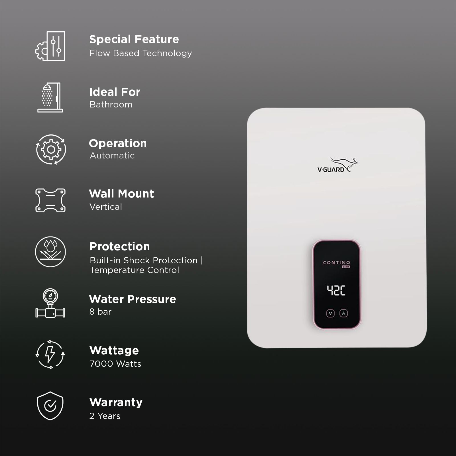 V-GUARD Contino 7 KW Tankless Vertical Instant Geyser with Dual Thermal Protection (White) V-GUARD Contino 7 KW Tankless Vertical Instant Geyser with Dual Thermal Protection (White)_3