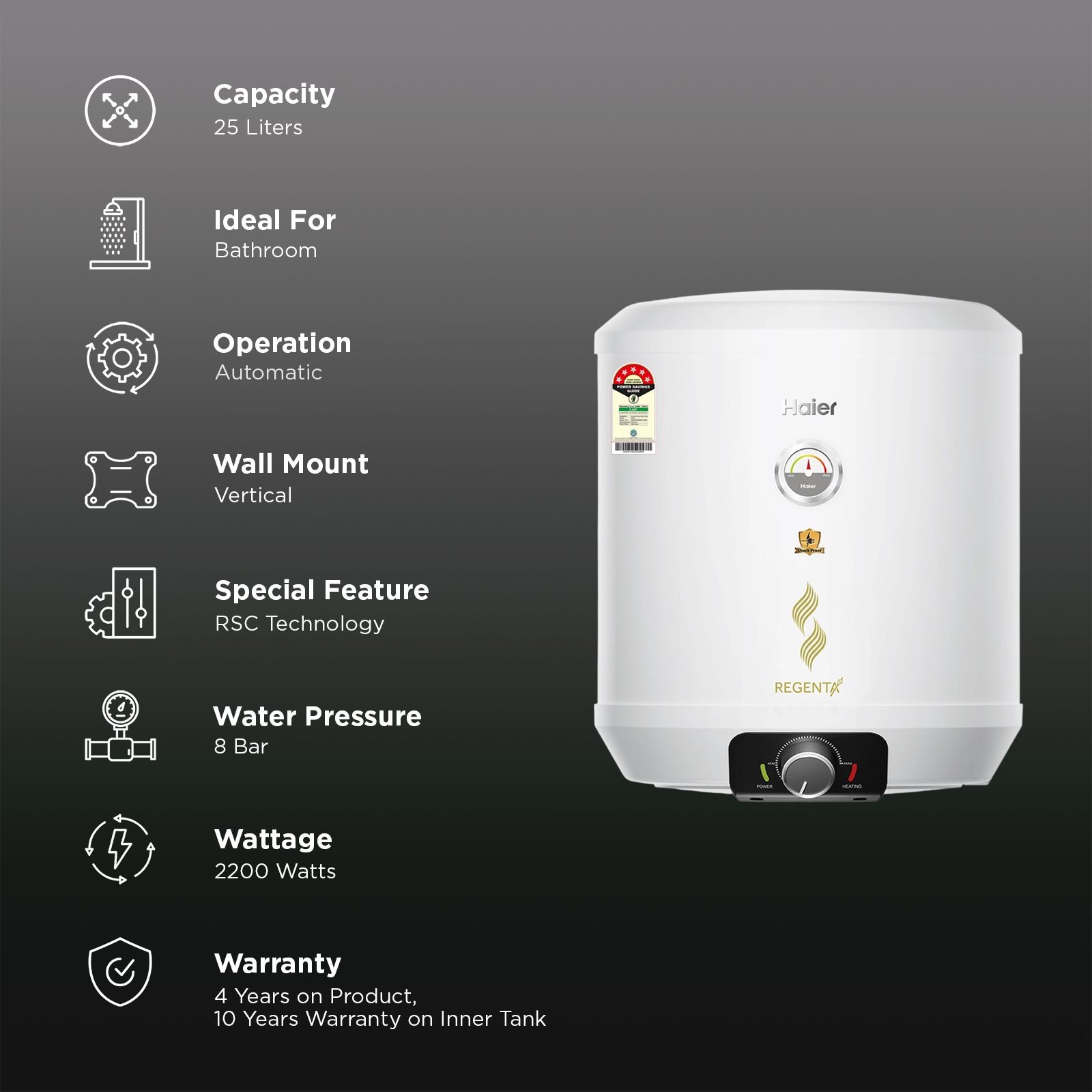 Haier REGENTA 25 Litre 5 Star Vertical Storage Geyser with RSC Technology (White) Haier REGENTA 25 Litre 5 Star Vertical Storage Geyser with RSC Technology (White)_3