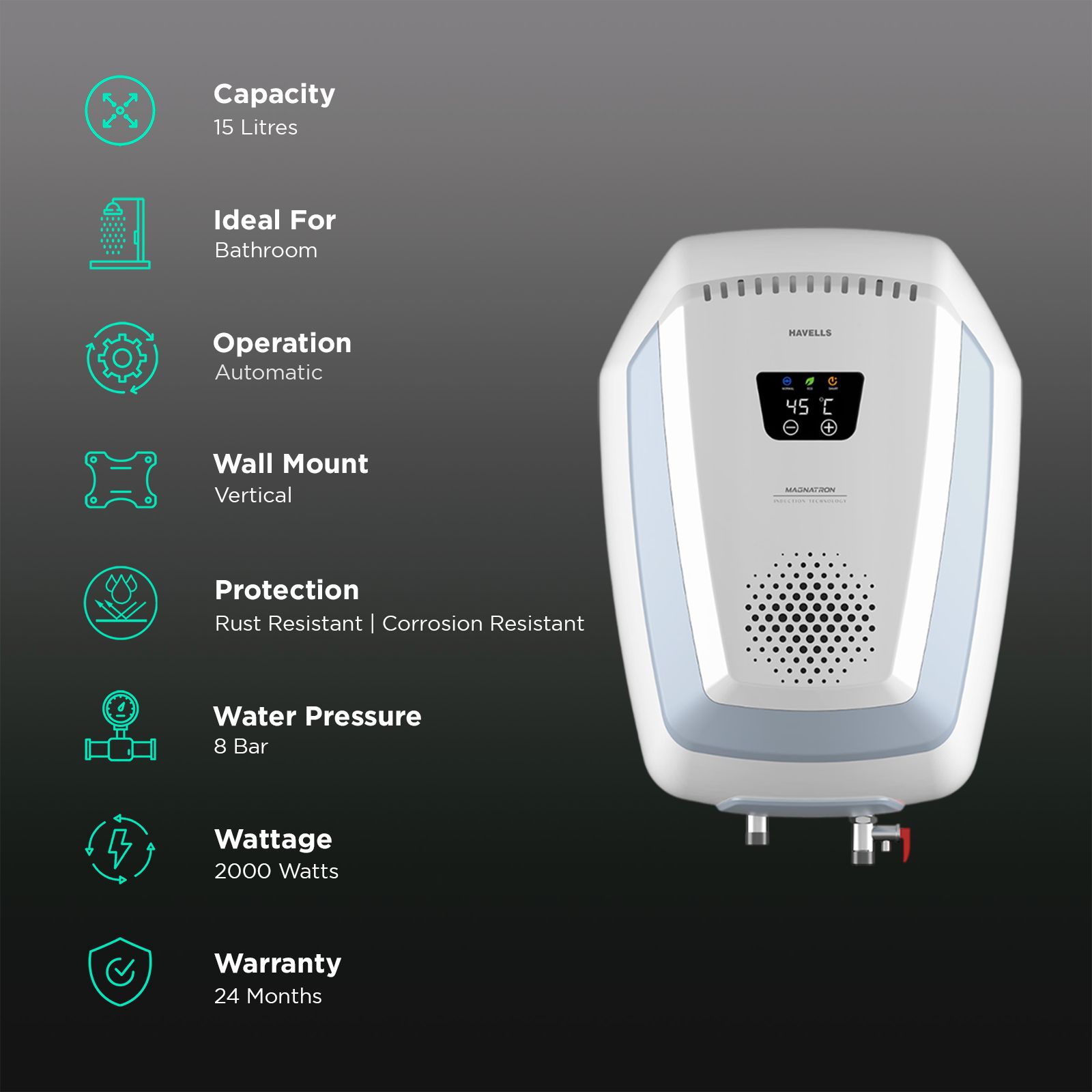 HAVELLS Magnatron 15 Litre 4 Star Vertical Storage Geyser with Revolutionary Induction Heat Transfer Technology (White & Blue) HAVELLS Magnatron 15 Litre 4 Star Vertical Storage Geyser with Revolutionary Induction Heat Transfer Technology (White & Blue)_3