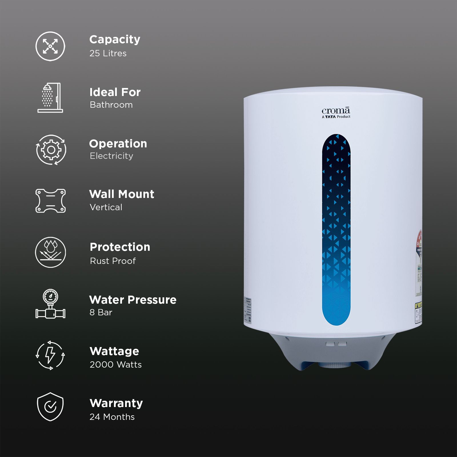 Croma AV5117 25 Litres 5 Star Vertical Storage Geyser with Temperature Control Knob (White) Croma AV5117 25 Litres 5 Star Vertical Storage Geyser with Temperature Control Knob (White)_2