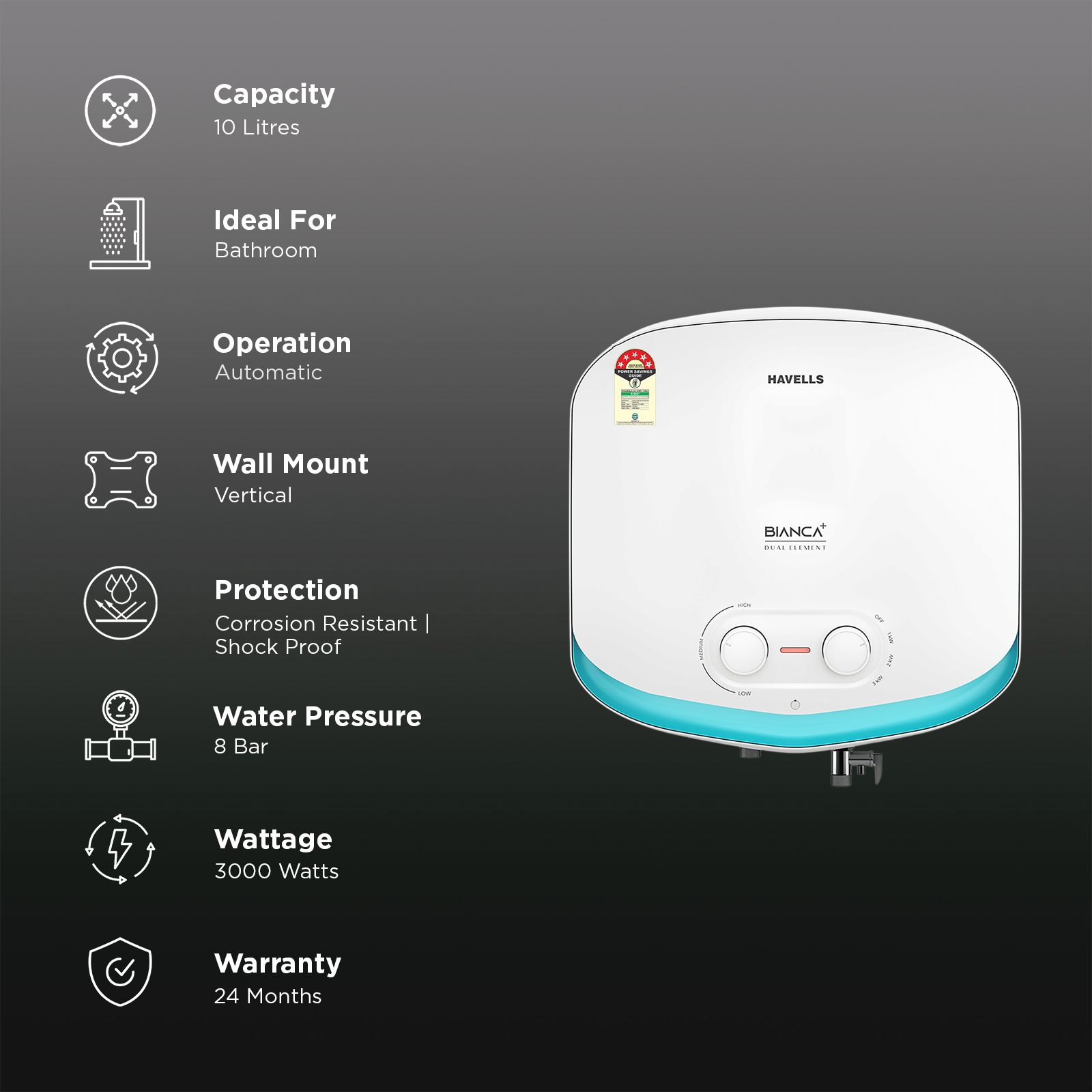 HAVELLS Bianca+ 10 Litre 5 Star Storage Geyser with Whirlflow Technology (Blue) HAVELLS Bianca+ 10 Litre 5 Star Storage Geyser with Whirlflow Technology (Blue)_3