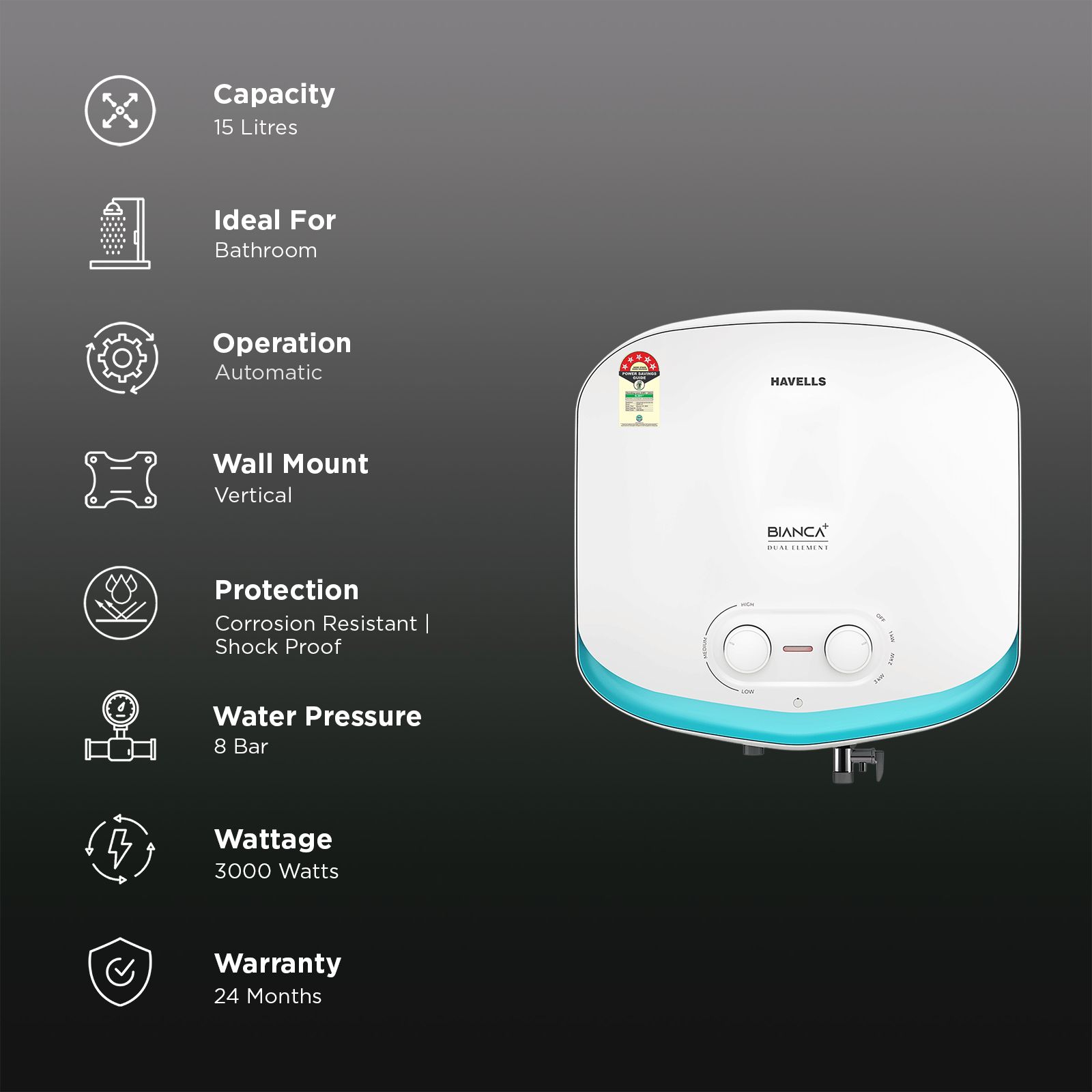 HAVELLS Bianca Plus 15 Litres 5 Star Storage Geyser with Whirlflow Technology (White & Blue) HAVELLS Bianca Plus 15 Litres 5 Star Storage Geyser with Whirlflow Technology (White & Blue)_3