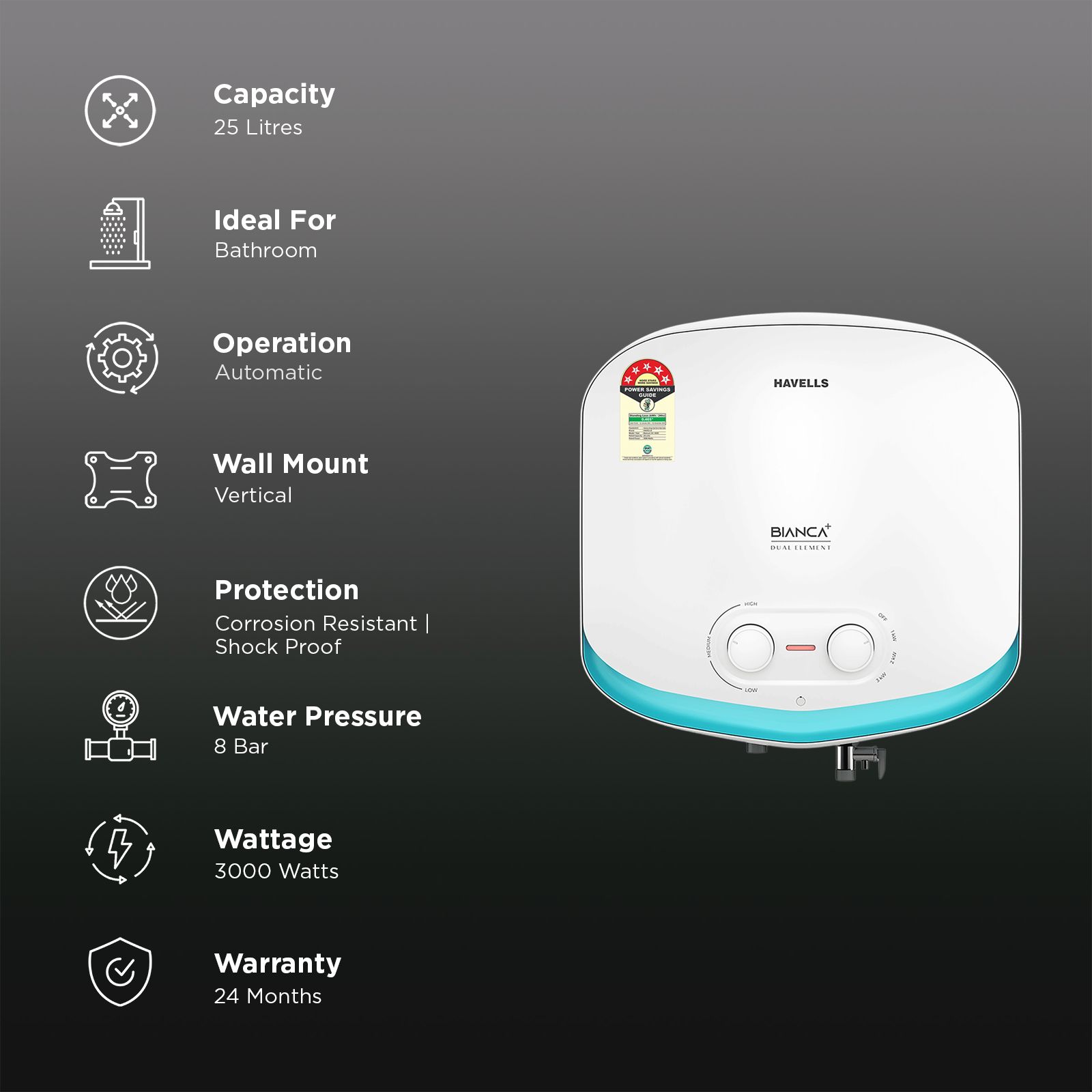 HAVELLS Bianca Plus 25 Litres 5 Star Storage Geyser with Whirlflow Technology (White & Blue)_3